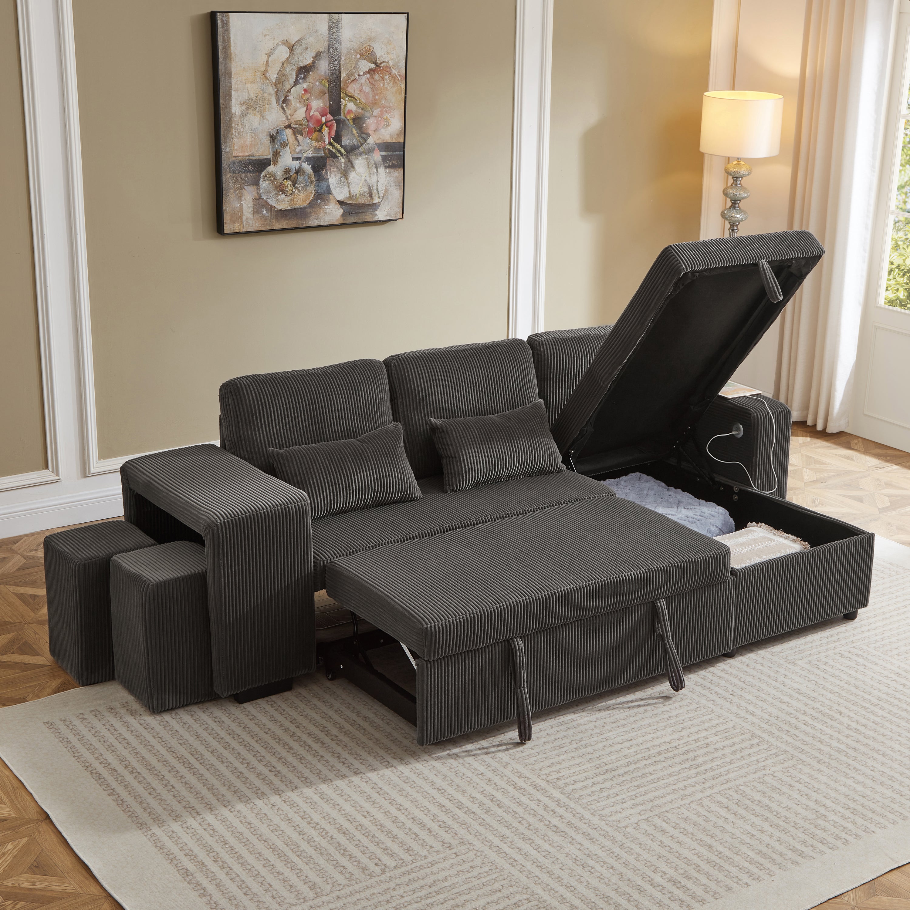 Modern L-Shaped Convertible Sofa Bed, 3-in-1 Convertible Sofa Bed with Internal Storage Chaise, Nesting Footstools, Integrated Charging Station & Adjustable Armrest Side Storage, Corduroy Fabric, Grey