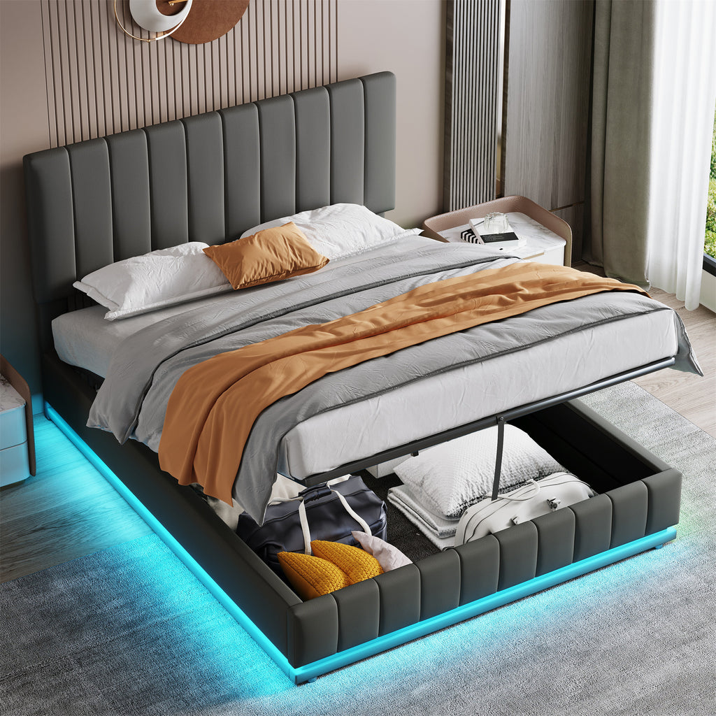 Ottoman Double Bed with LED Lighting, PU Leather Upholstered Bed with Hydraulic Storage, 4ft6 Double Bed Frame with Adjustable Channel Tufted Headboard, No Box Spring Needed, Grey (No Mattress)