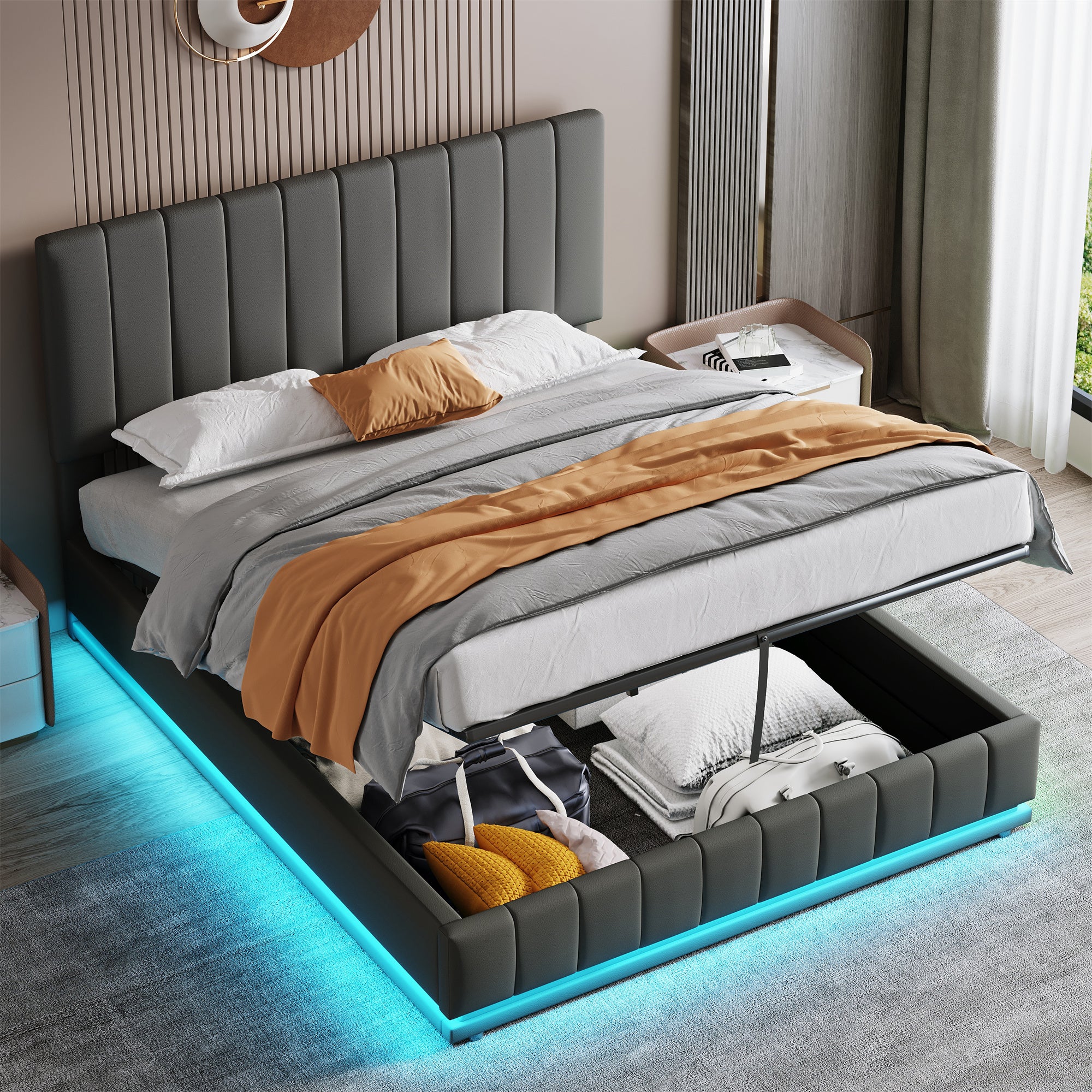 Ottoman Double Bed with LED Lighting, PU Leather Upholstered Bed with Hydraulic Storage, 4ft6 Double Bed Frame with Adjustable Channel Tufted Headboard, No Box Spring Needed, Grey (No Mattress)