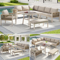 Handwoven L-shaped garden sofa set for up to 8 people, Sturdy iron frame with beige cushions, Complete with table (wood-look glass) & 1 armchair, Weatherproof patio furniture