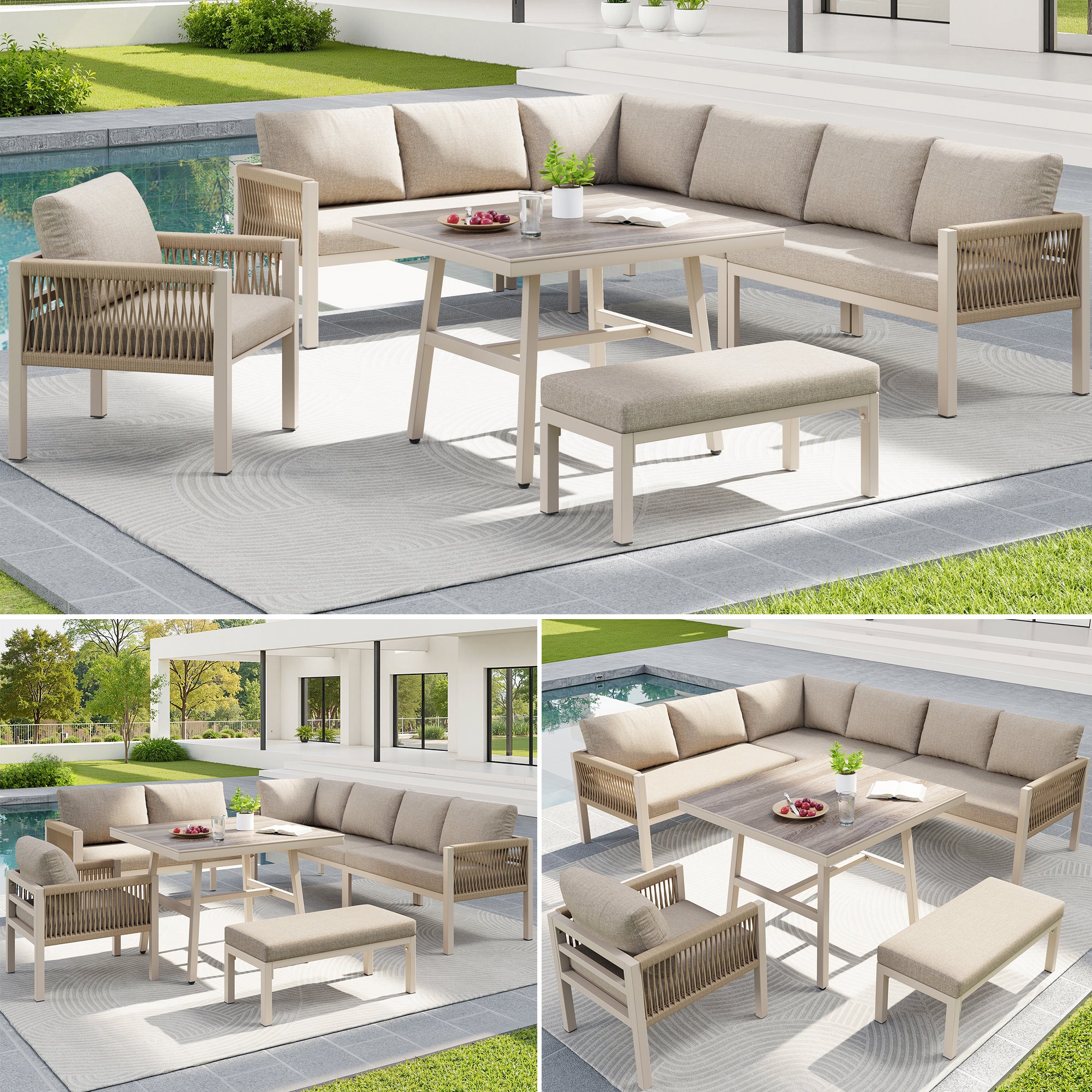 Handwoven L-shaped garden sofa set for up to 8 people, Sturdy iron frame with beige cushions, Complete with table (wood-look glass) & 1 armchair, Weatherproof patio furniture
