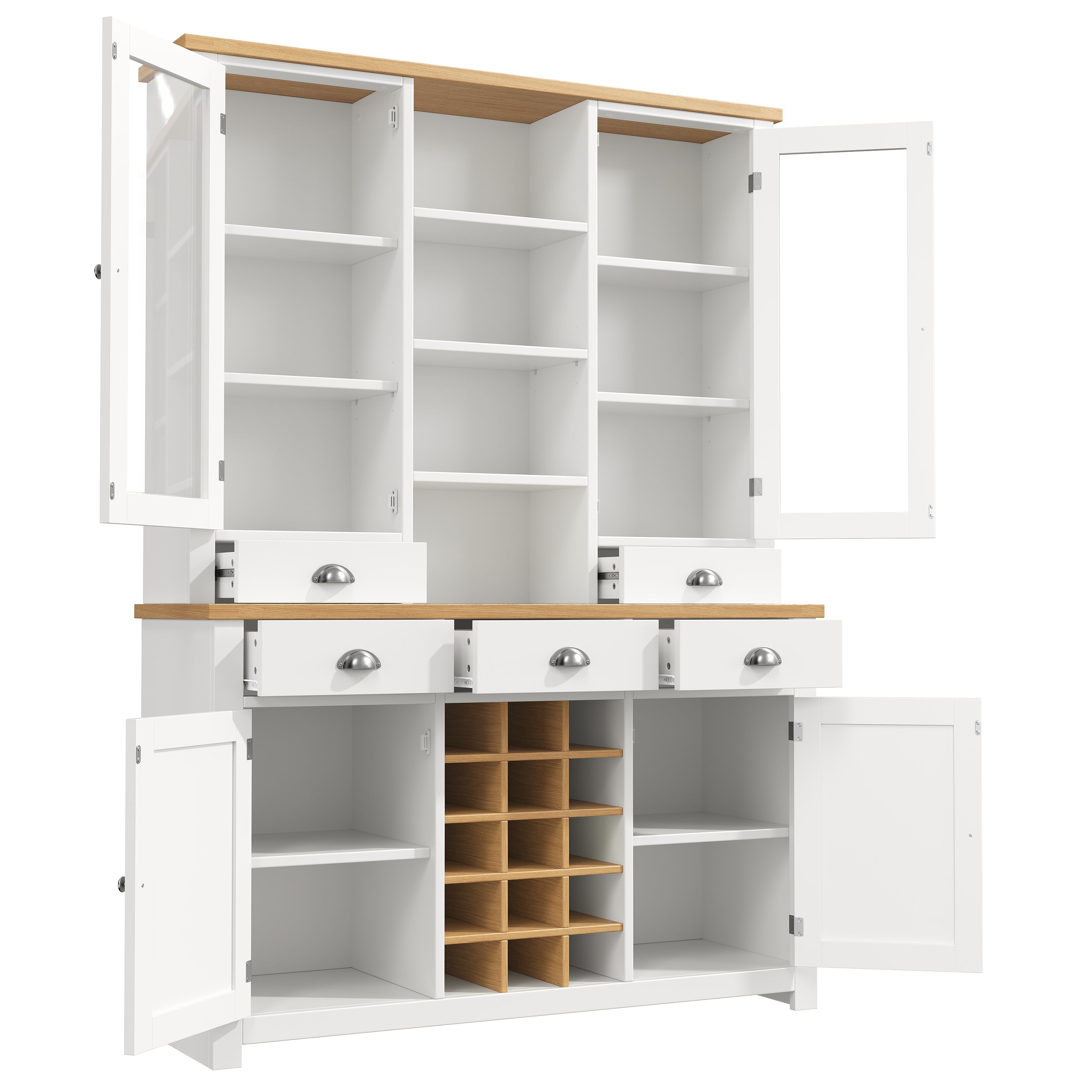 Kitchen Pantry Cabinet with Wine Rack, 185cm Tall Storage Cabinet with Glass Doors, 5 Drawers & Adjustable Shelves, White