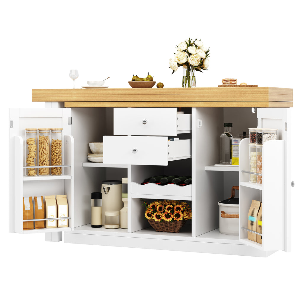 Extendable Sideboard & Dining Table Combo, 2 Drawers & Snack rack, Space-Saving Sideboard for Small Flats, White/Black