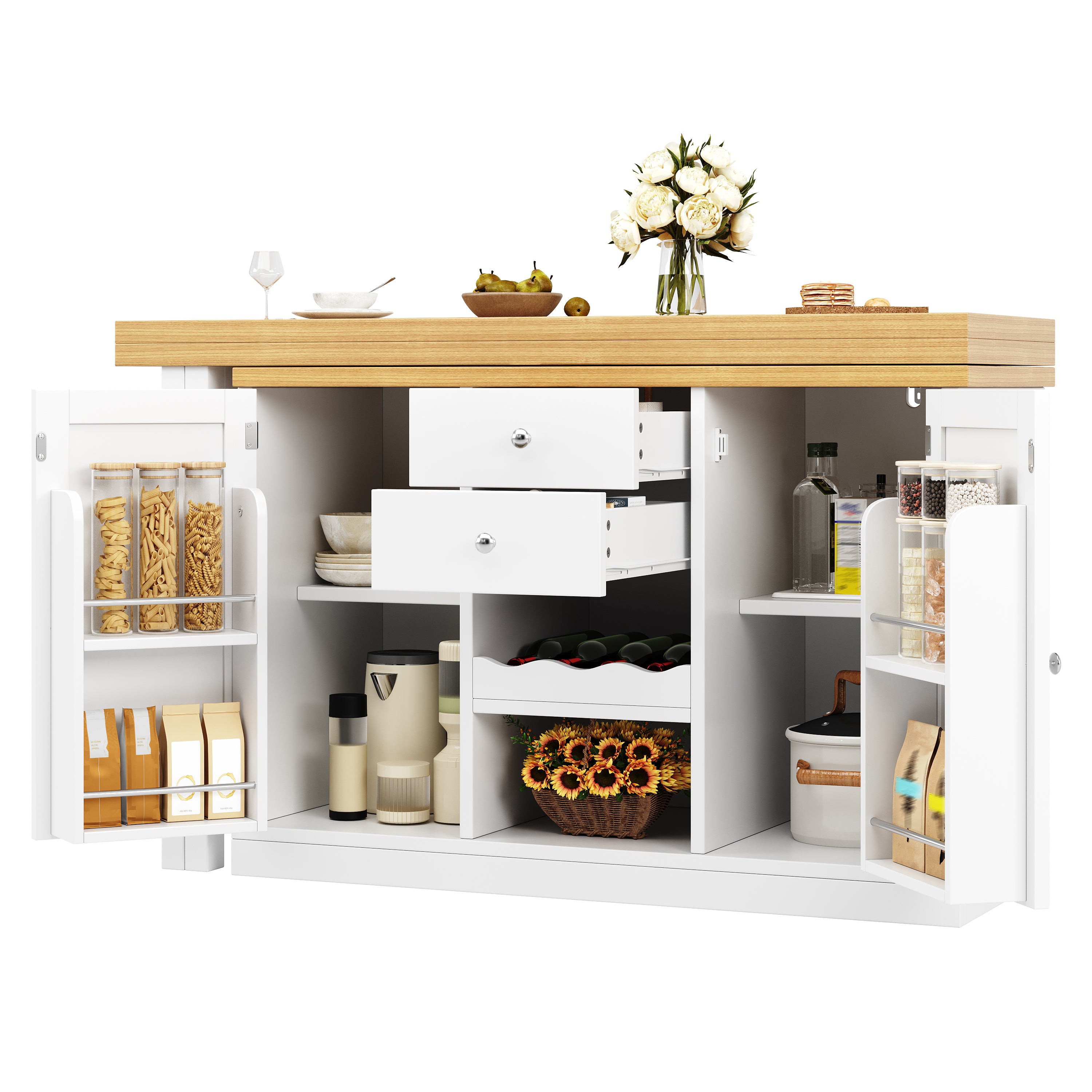 Extendable Sideboard & Dining Table Combo, 2 Drawers & Snack rack, Space-Saving Sideboard for Small Flats, White/Black
