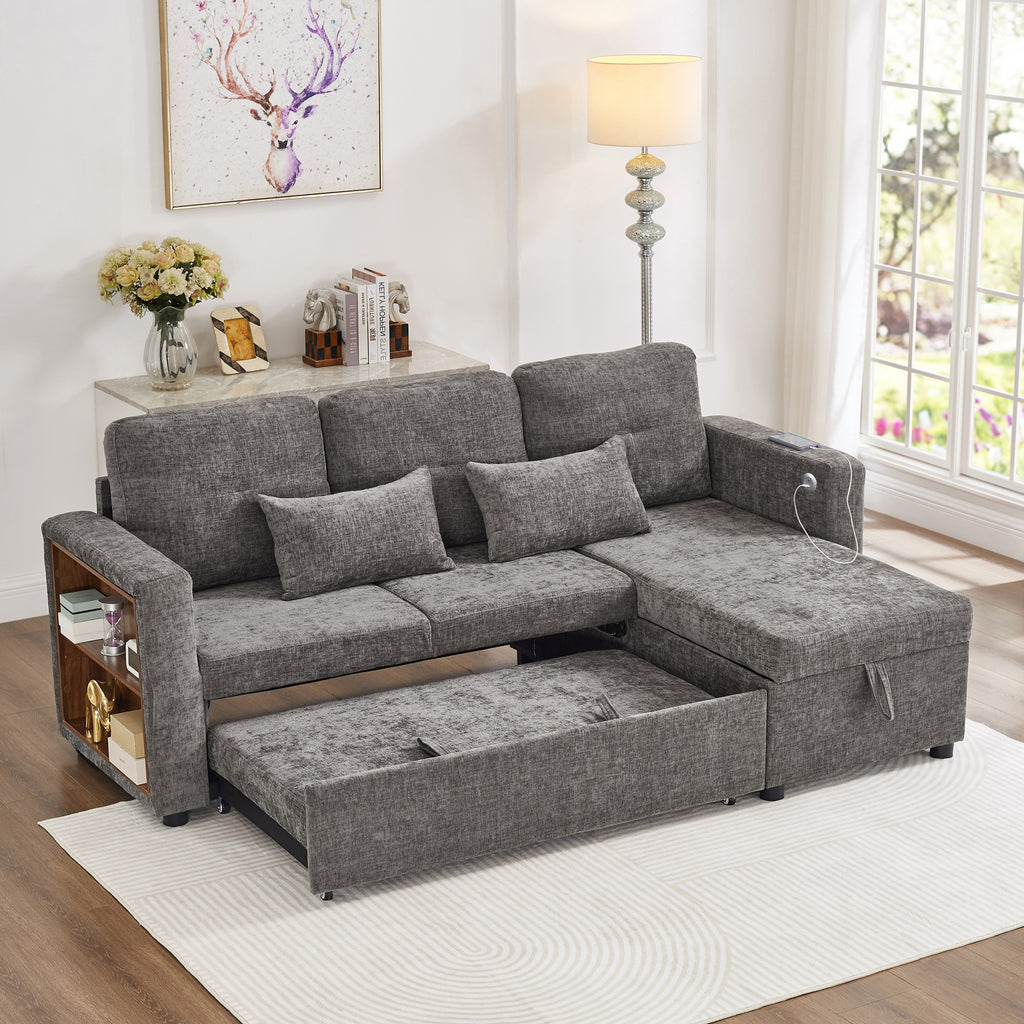 3-in-1 Convertible Chenille Sectional Sofa Bed with Convertible Storage Chaise, L-Shaped Sleeper Sofa with Integrated Charging Station and Adjustable Armrest Side Storage, USB & Type-C Ports, Grey
