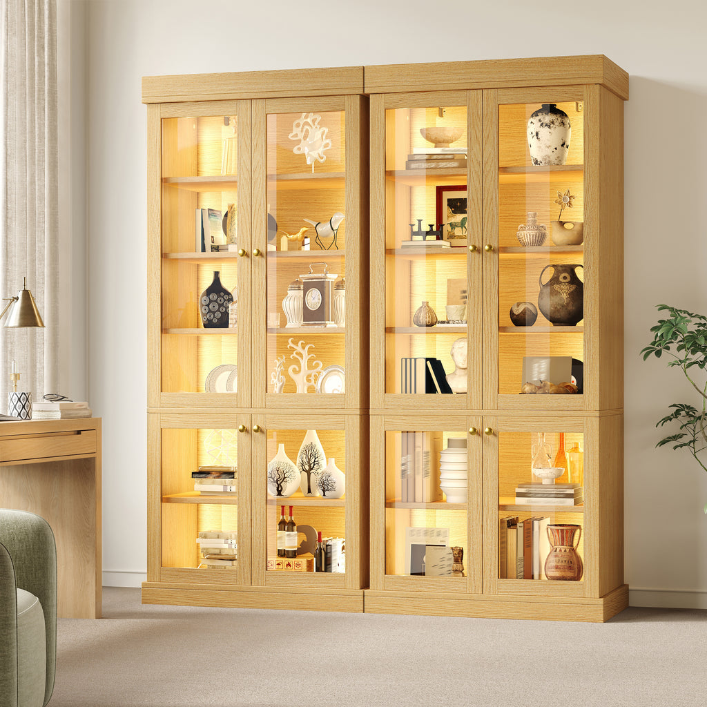 Modern freestanding cabinet with integrated LED mood lighting, glass display case, well-designed interior layout and anti-tip protection; stable, safe and versatile for the home; natural brown.
