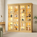 Modern freestanding cabinet with integrated LED mood lighting, glass display case, well-designed interior layout and anti-tip protection; stable, safe and versatile for the home; natural brown.