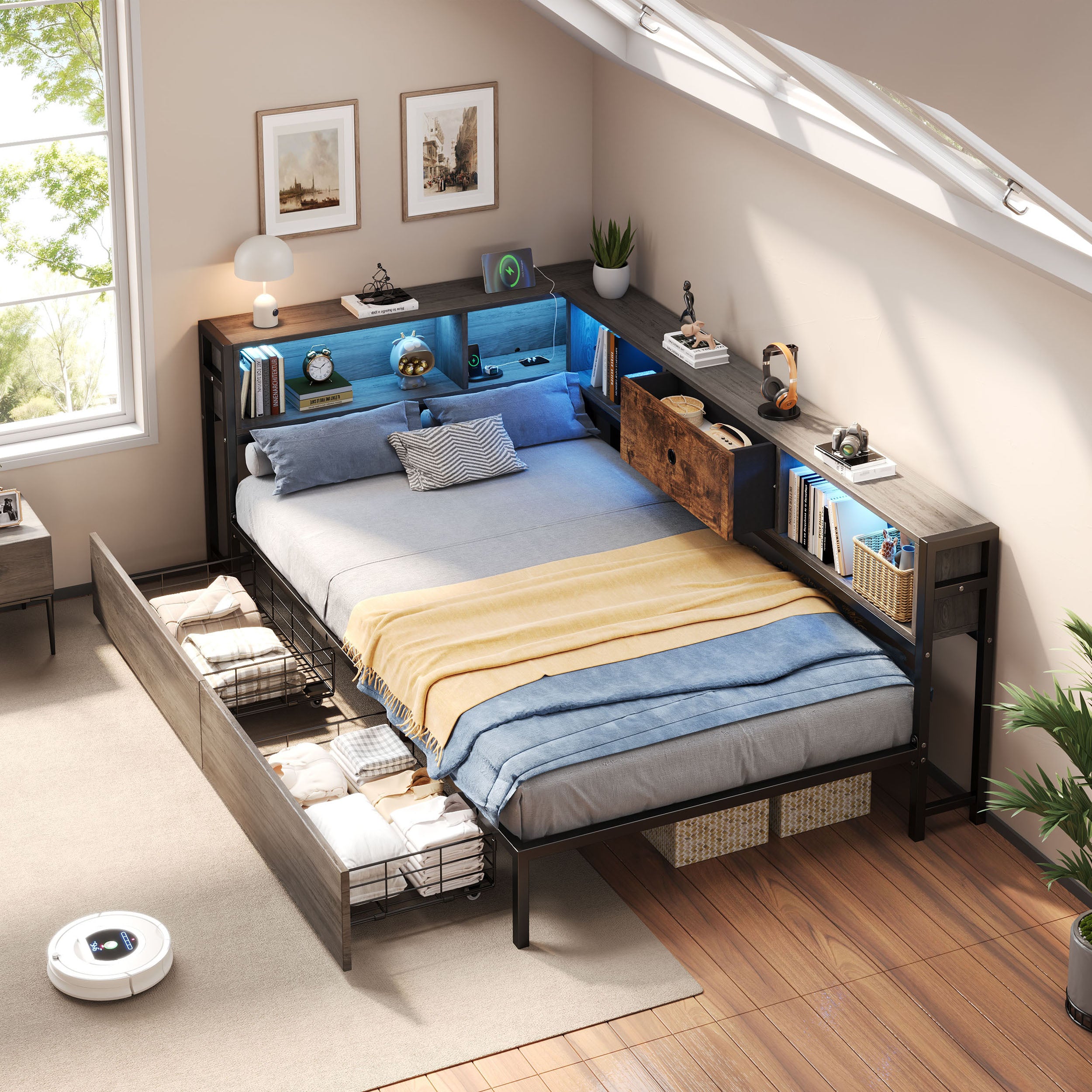 3ft Single Metal and Wood Bed with RGB LED Lights & Charging Station (USB & Type-C), Built-in Shelves and Bedside Storage, Two Storage Drawers, Two Assembly Methods, Grey, Rustic Brown (No Mattress)