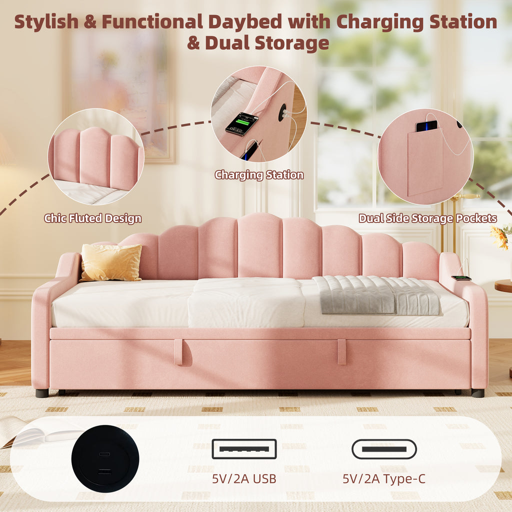 3ft Single Daybed with Pull-out Trundle, Velvet Upholstered Sofa Bed with Side Charging Station & Storage Pockets, Chic Fluted Scalloped Backrest, Pink (No Mattress)