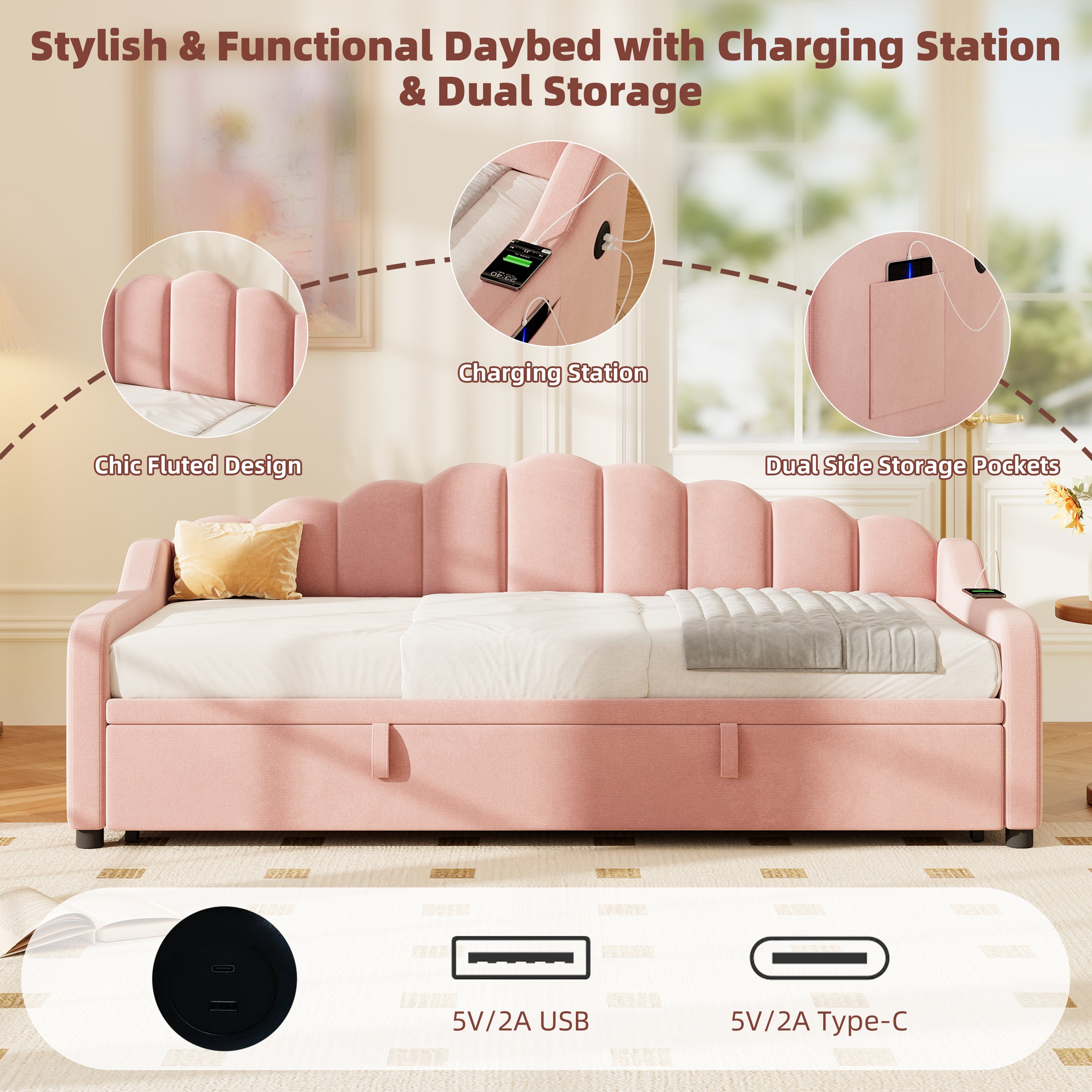3ft Single Daybed with Pull-out Trundle, Velvet Upholstered Sofa Bed with Side Charging Station & Storage Pockets, Chic Fluted Scalloped Backrest, Pink (No Mattress)