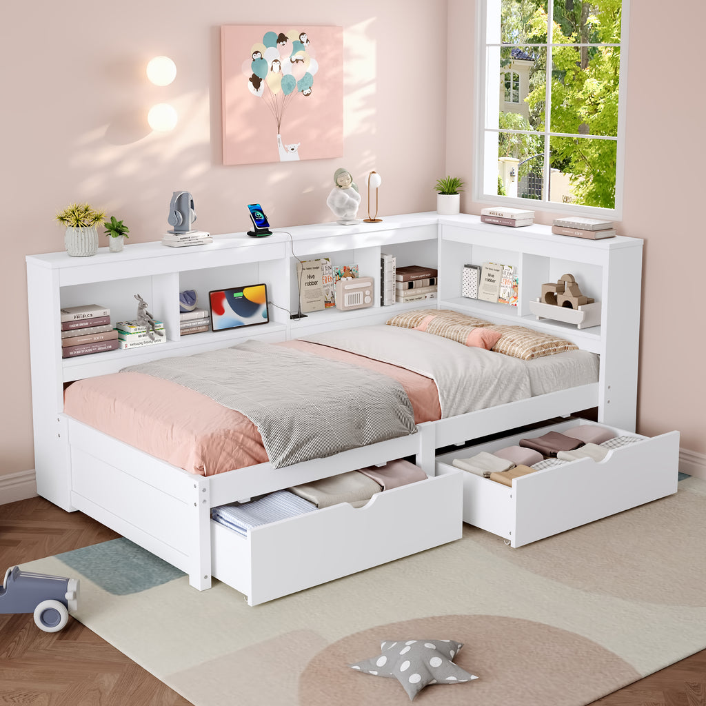3ft Single L-Shape Daybed with Two Storage Drawers and Bookcase Storage, Modern Bed Frame with Charging Station, Wood Bed for Living Room/ Bedroom/ Study Room, 90X190cm, White (No Mattress)