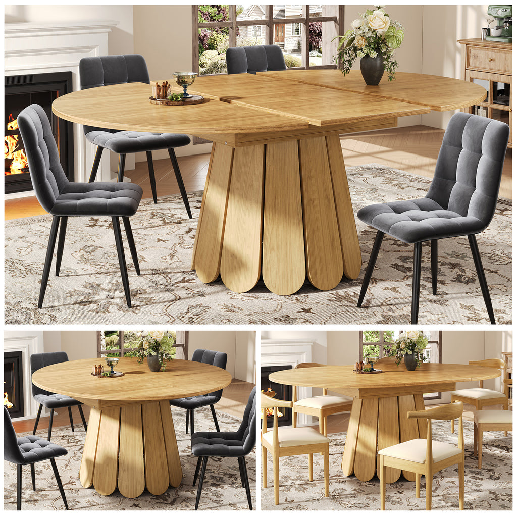 Extendable dining table, dining room table, kitchen table, balcony table, wooden dining table Round dining table, extends to oval, 118–158 cm, seats up to 6 people, natural color