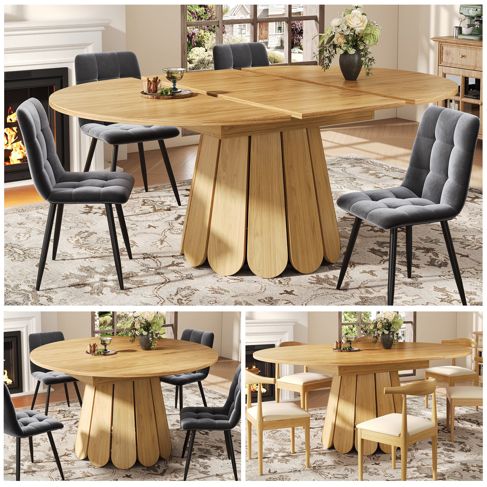 Extendable dining table, dining room table, kitchen table, balcony table, wooden dining table Round dining table, extends to oval, 118–158 cm, seats up to 6 people, natural color