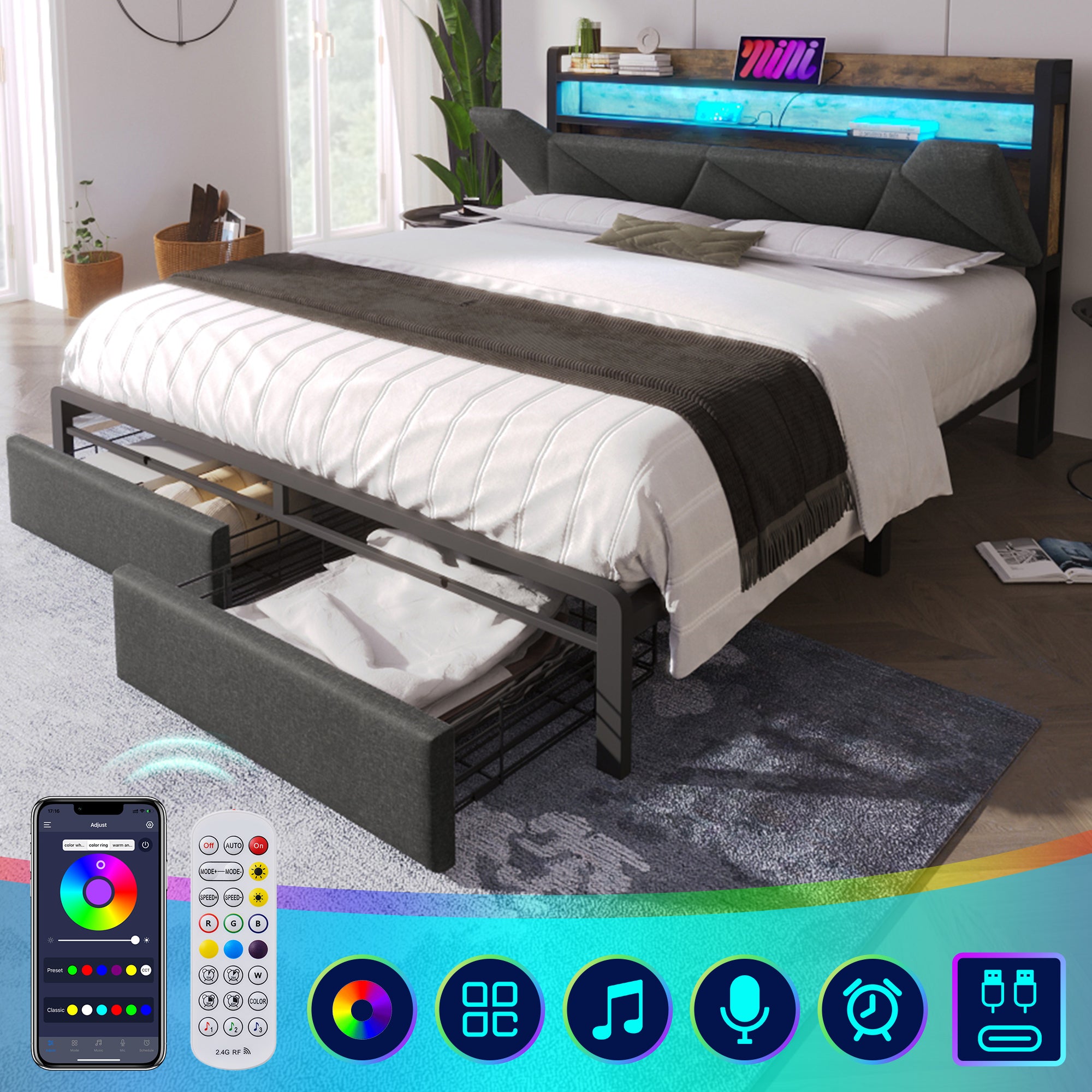 Upholstered Double Bed with LED Lighting, USB Type-C Charging Function, Storage Headboard and Drawers, 4ft6 Double Bed 135 x 190 cm, Storage Bed Frame with Metal Slatted Frame,Linen, Grey(No Mattress)