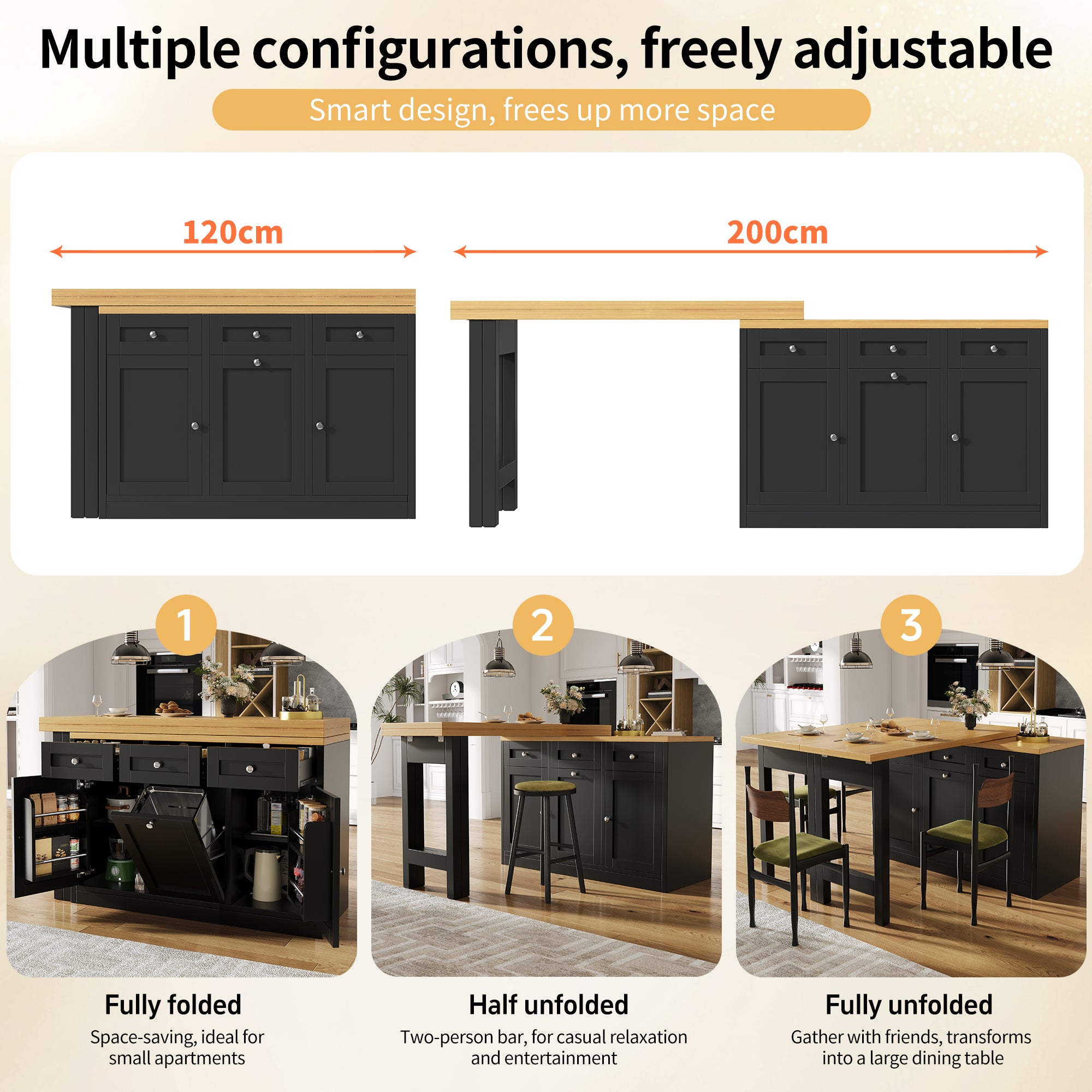 Extendable bar table with storage space, fold-out dining table with drawer and snack tray, pull-out bin holder (bin not included), space-saving design for small flats, kitchens, balconies,
Black