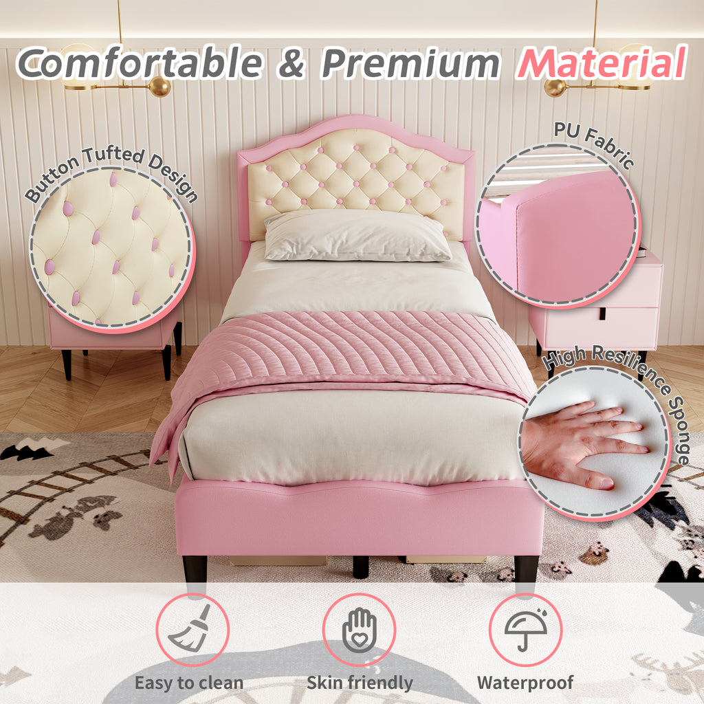 3ft Single Upholstered Bed Frame with Adjustable Chic Button-Tufted Headboard, PU Faux Leather Bed Frame with Solid Wood Slat, No Box Spring Needed, Easy Assembly, Pink+Beige (No Mattress)