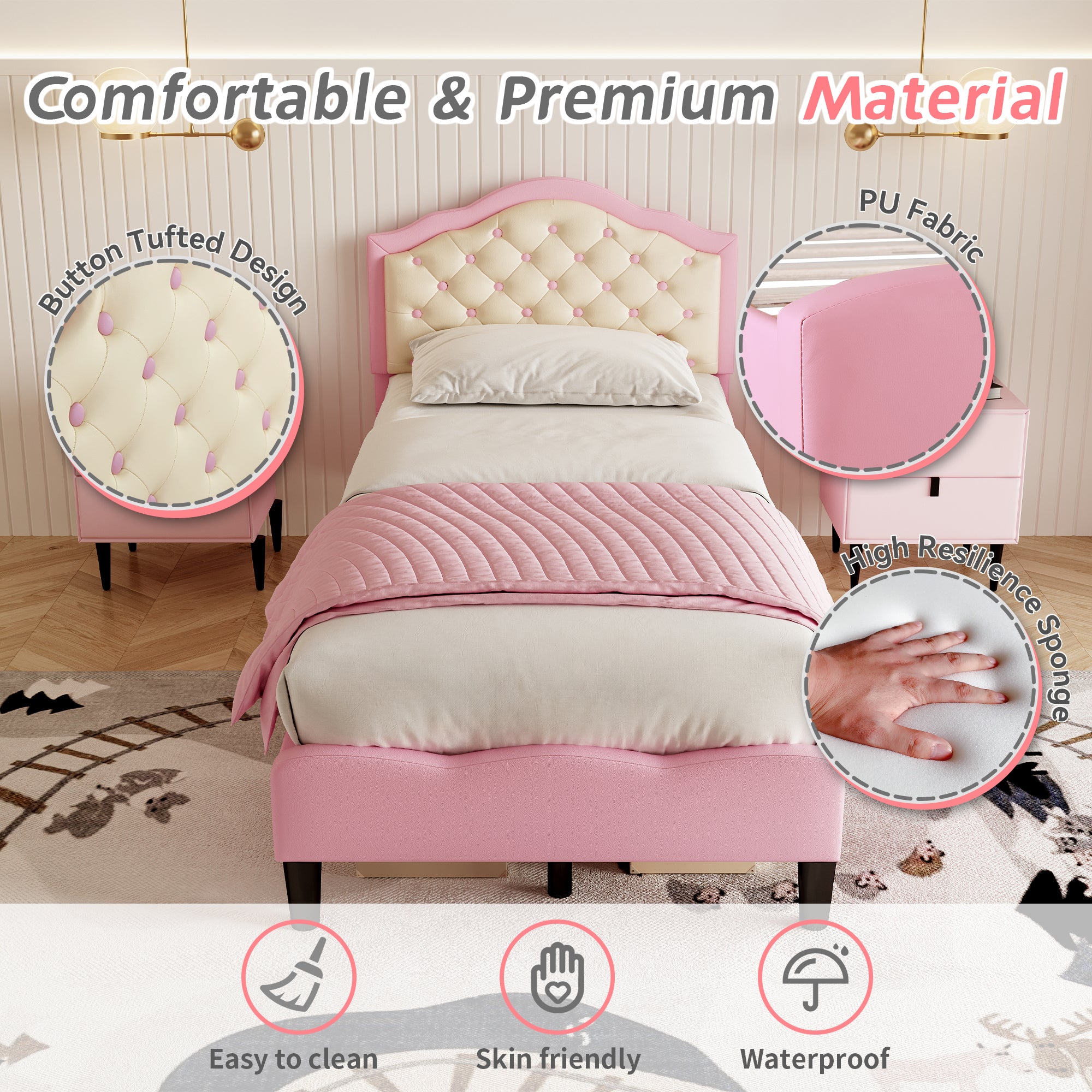 3ft Single Upholstered Bed Frame with Adjustable Chic Button-Tufted Headboard, PU Faux Leather Bed Frame with Solid Wood Slat, No Box Spring Needed, Easy Assembly, Pink+Beige (No Mattress)
