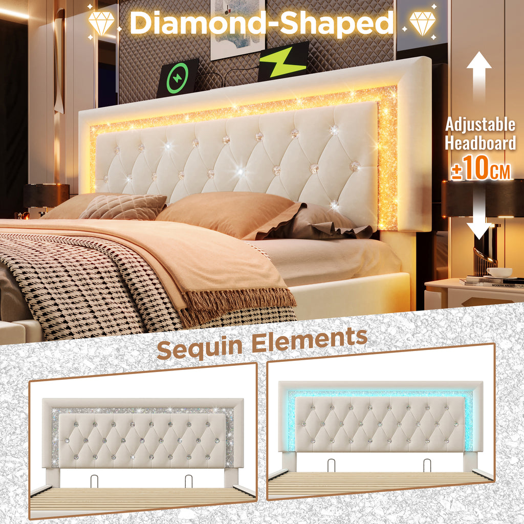 Upholstered Double Bed 135 x 190 cm with LED Lighting, USB Type-C Charging, 4ft6 Hydraulic Storage Bed with Adjustable Diamond Tufted Headboard, Velvet, Beige (No Mattress)
