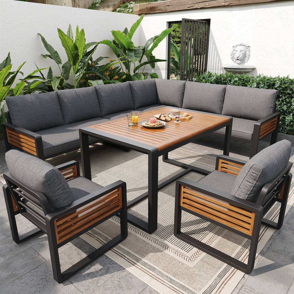 Garden lounge set, garden sofa with dining table made of solid wood, furniture set for 8 people, adjustable legs, all seat and back cushions included, gray