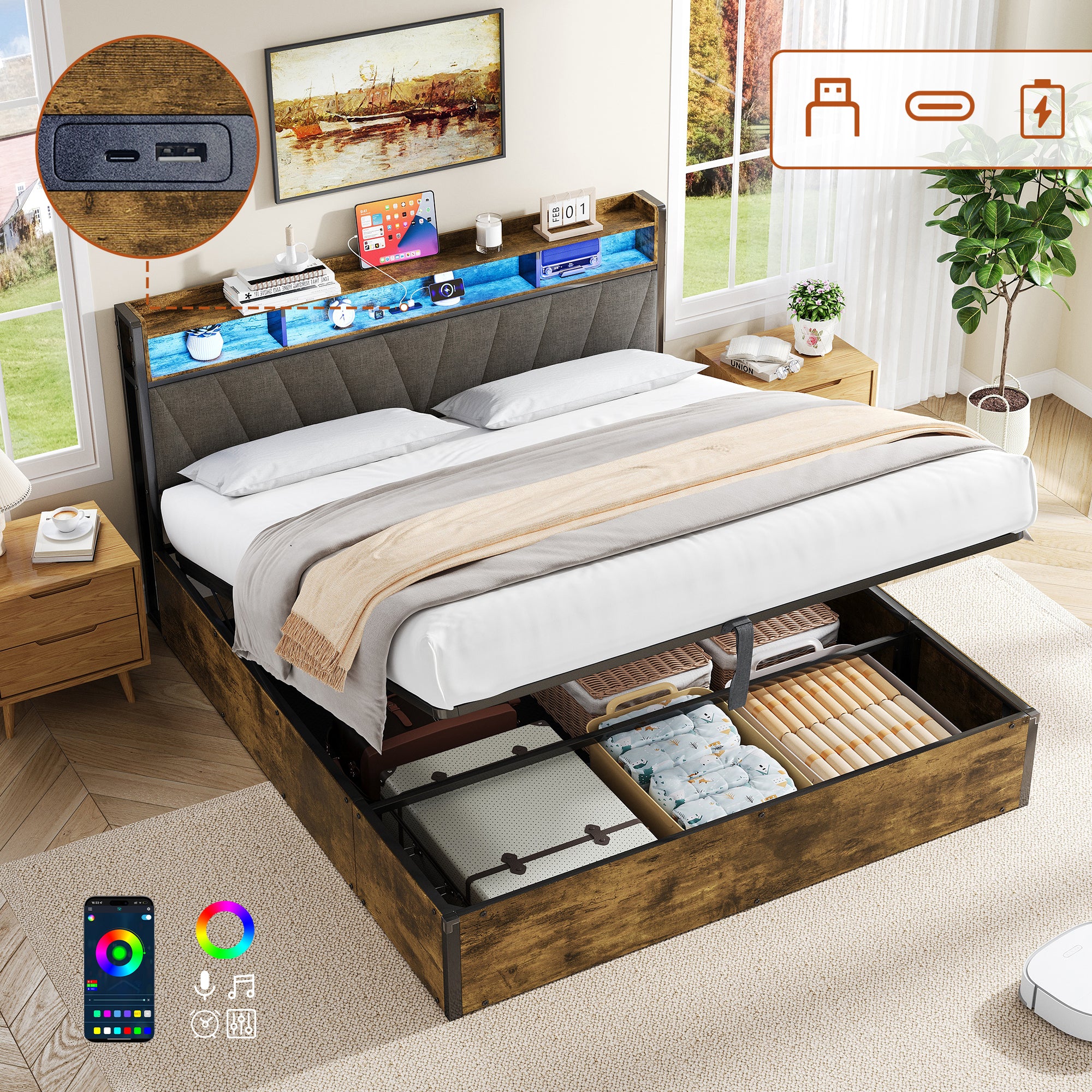 5ft King Bed Frame with Hydraulic Storage, RGB LED Storage Headboard with Charging Station, USB and Type-C Ports, No Box Spring Needed, Easy Assembly, Black+Walnut (No Mattress)