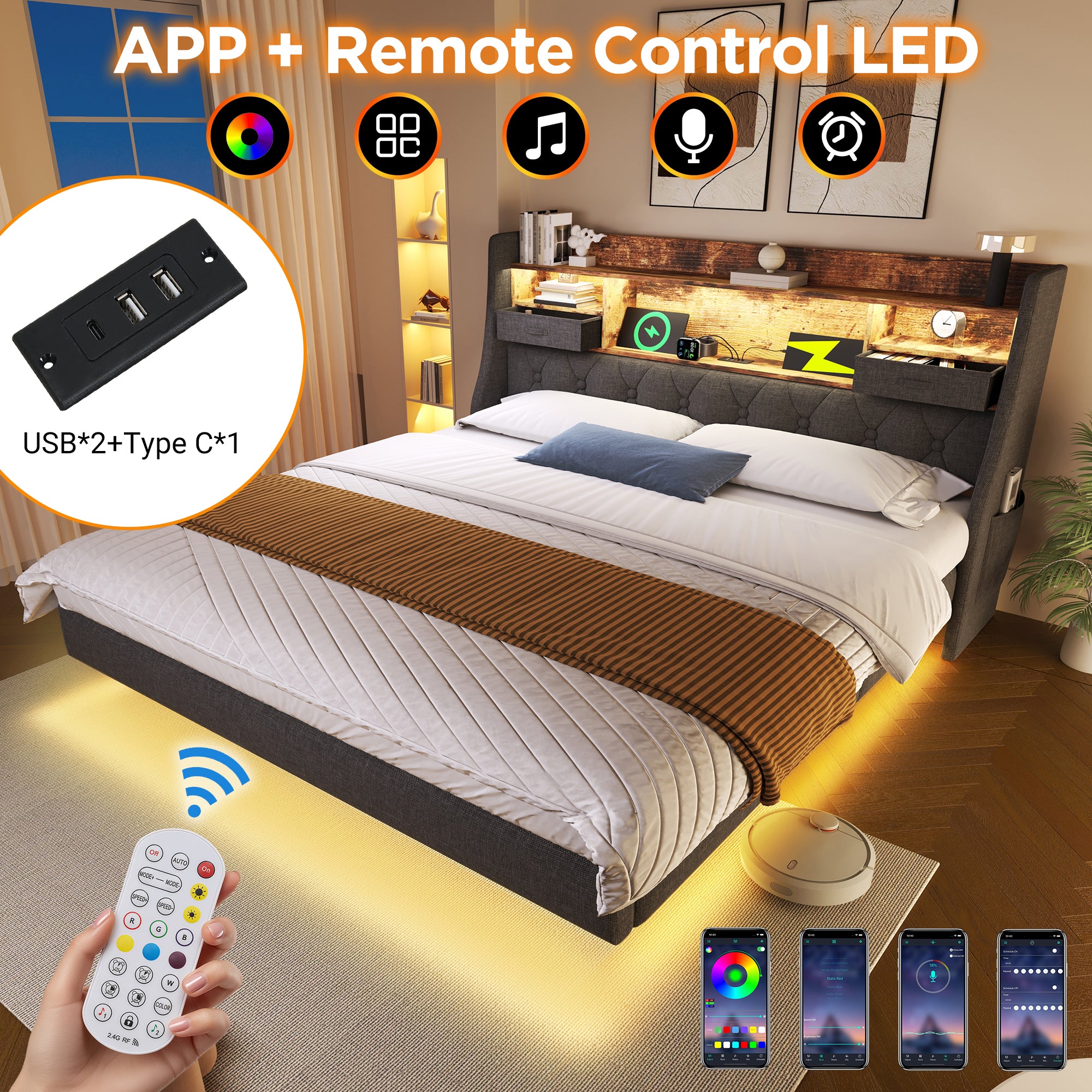 Upholstered Bed 6ft Floating Bed with LED Lighting, USB Type-C Charging, Storage Headboard for Cellphones & Tablets,  180 x 200 cm Super King Bed, Linen, Grey (No Mattress)
