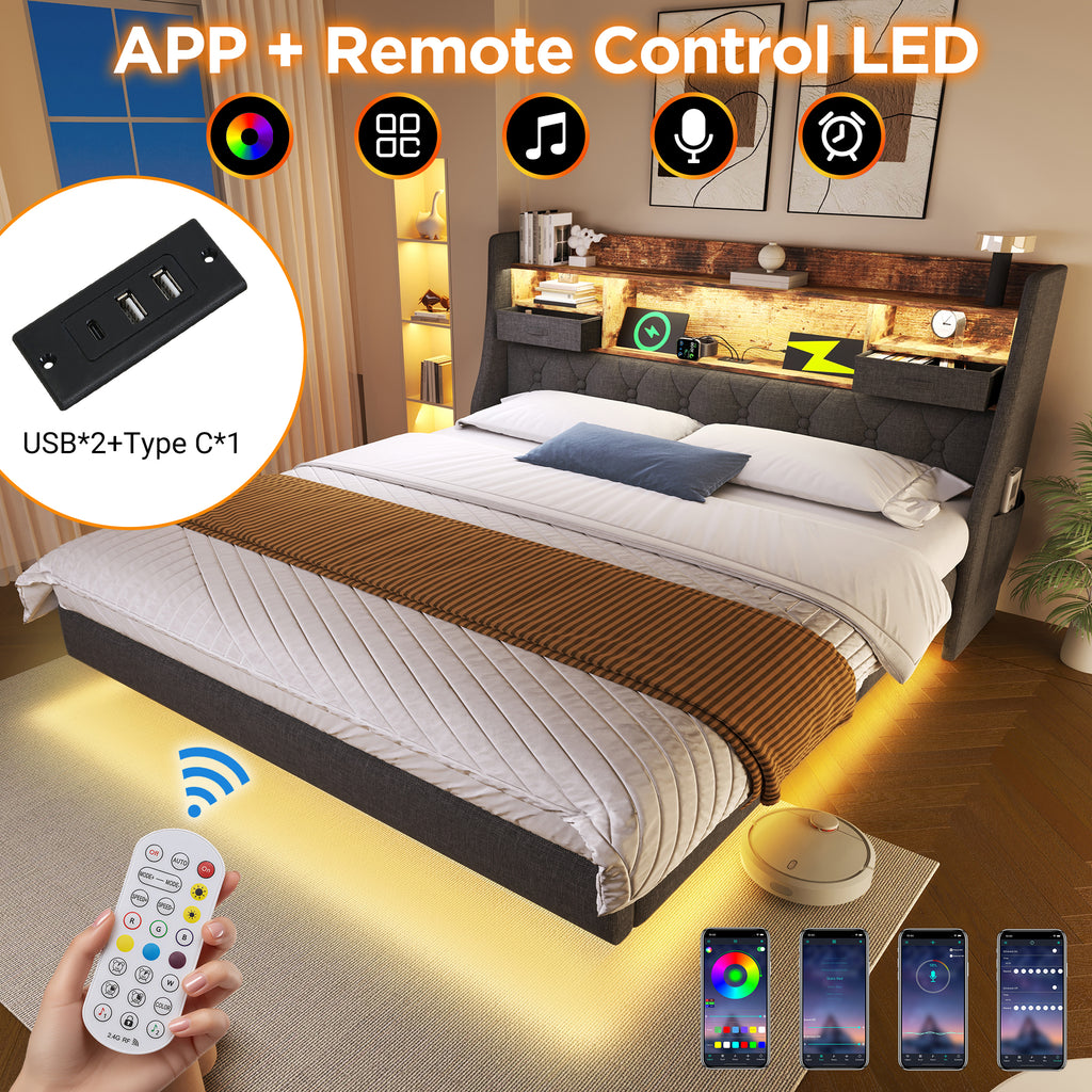 Upholstered Bed 4ft6 Floating Bed with LED Lighting, USB Type-C Charging, Storage Headboard for Cellphones and Tablets,  135 x 190 cm Double Bed, Linen, Grey (No Mattress)