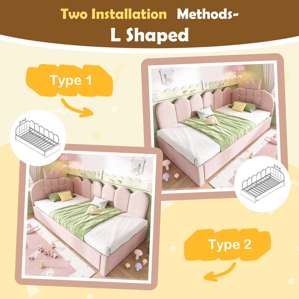 Upholstered Daybed with Pull-Out Bed, Crown-shaped Trundle Bed, 3FT Single Sofa Bed 90 x 190 cm, Guest Beds for Adults & Children, Bed with Metal Slatted Frame, Velvet, Pink (No Mattress)