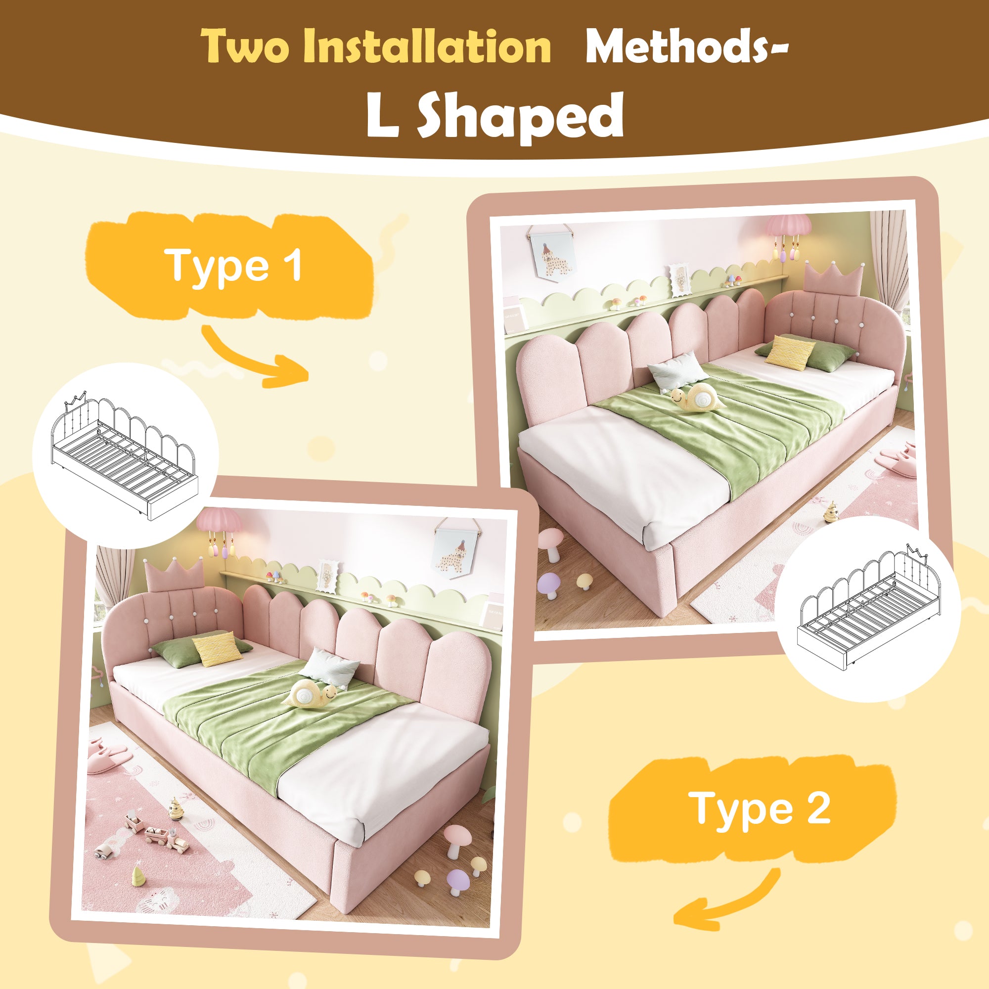 Upholstered Daybed with Pull-Out Bed, Crown-shaped Trundle Bed, 3FT Single Sofa Bed 90 x 190 cm, Guest Beds for Adults & Children, Bed with Metal Slatted Frame, Velvet, Pink (No Mattress)