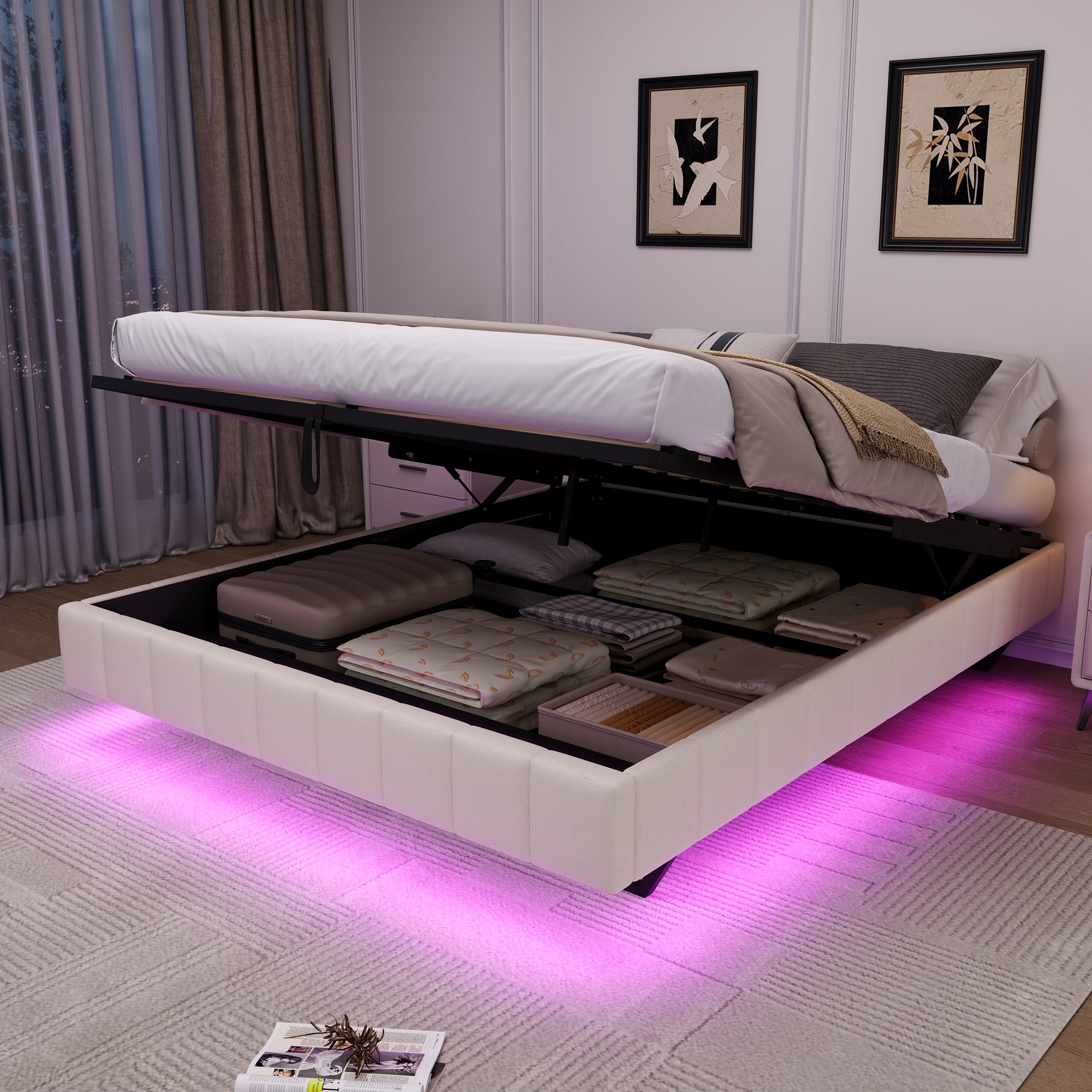 4ft6 Double Floating Bed Frame with Hydraulic Under-bed Storage & Smart RGB LED Lights, No Headboard Upholstered Bed with Concealed Anti-Collision Leg, Linen Fabric, Beige (No Mattress)
