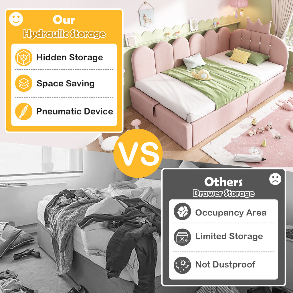 Upholstered Daybed with Hydraulic Storage, 3FT Single Sofa Bed 90 x 190 cm, Crown-shaped Bed Guest Beds for Adults & Children, Velvet, Pink (No Mattress)