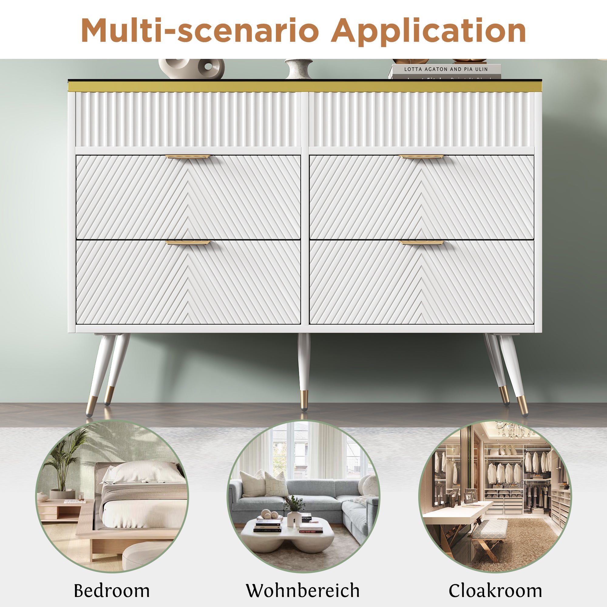 Sideboard Cabinet Dresser with 6 Drawers,Amber glass chest of drawers, Compartmentalised storage,Anti-tip,Dressing table for Living Room, Hallway, Bedroom, and Children's Room, 120 x 40 x 76 cm, White