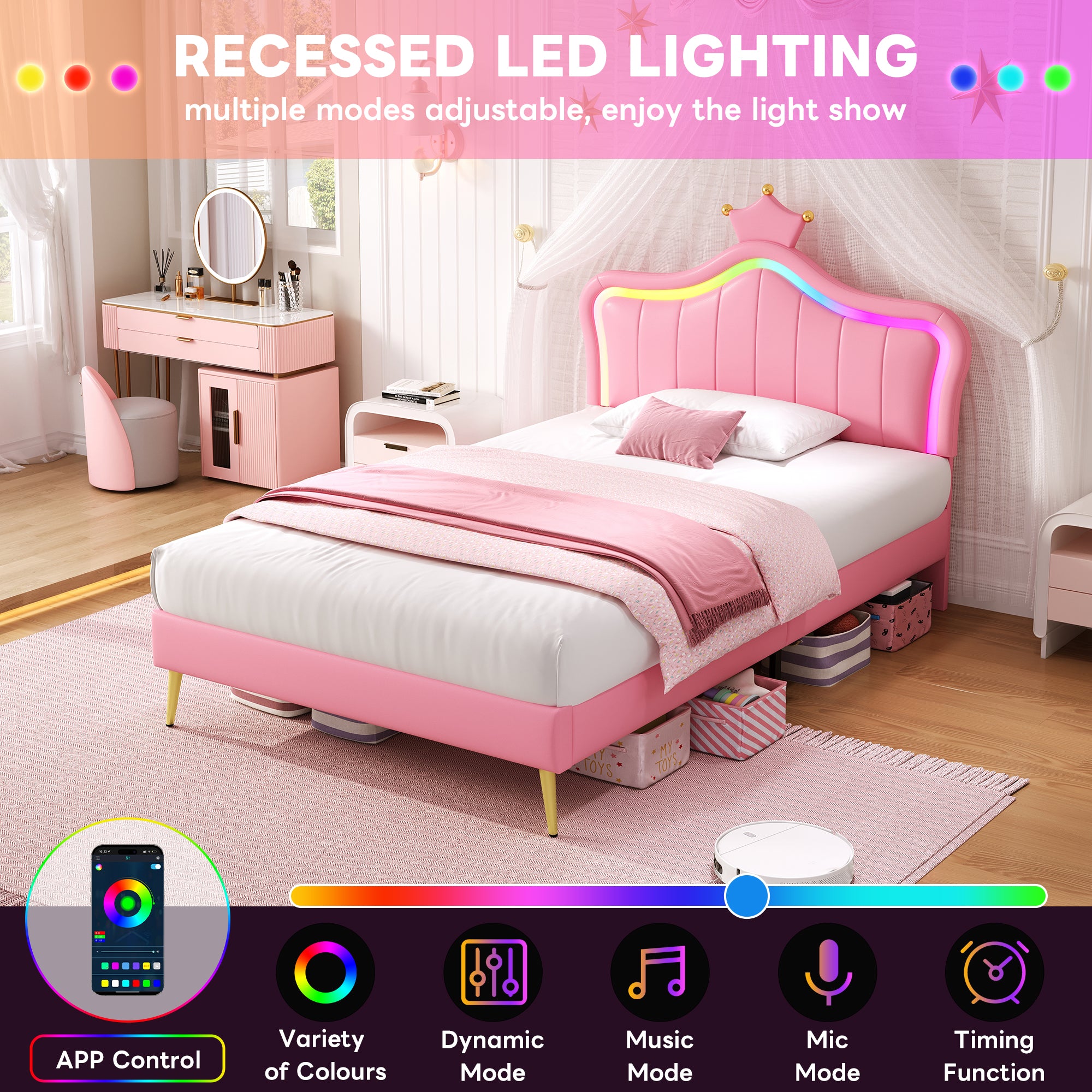 3ft Single Upholstered Bed with LED Adjustable Crown Shape Headboard, PU Leather Bed Frame with Solid Wood Slat, No Box Spring Needed, Easy Assembly, Pink (No Mattress)