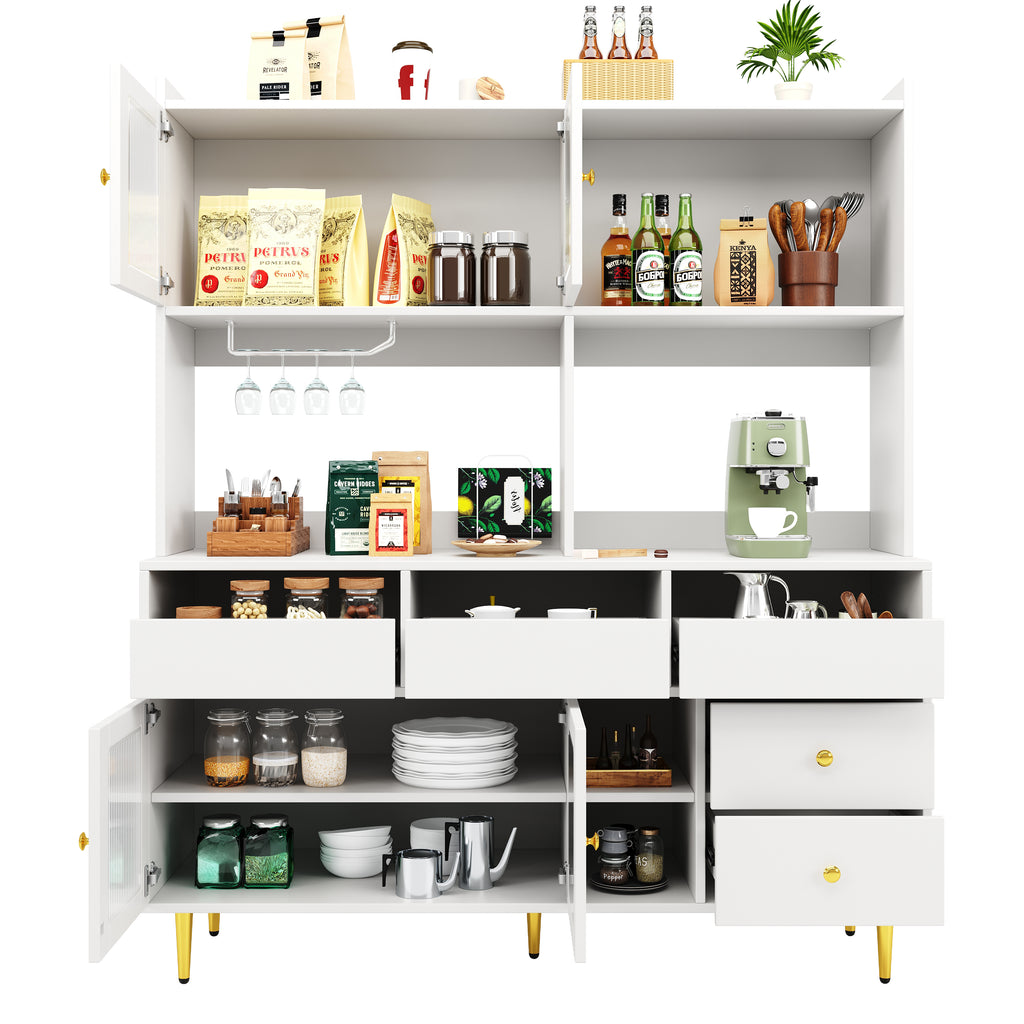 Multi-purpose Storage Cabinet(145 x 39 x 171 cm), Modern design, with Changhong glass door, Wine glass holder, Multi-layered storage space, White with gold decoration, Suitable for home and restaurant