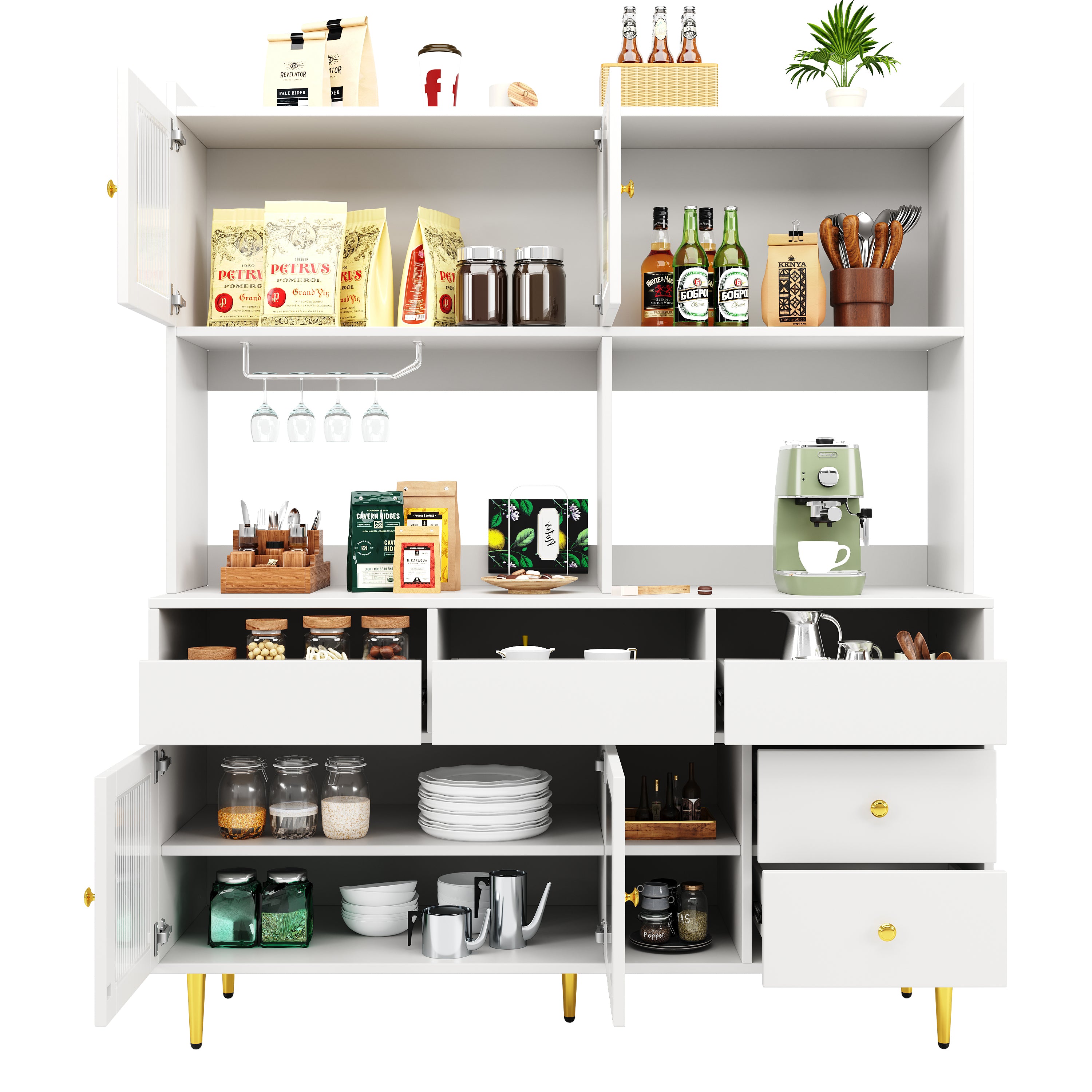 Multi-purpose Storage Cabinet(145 x 39 x 171 cm), Modern design, with Changhong glass door, Wine glass holder, Multi-layered storage space, White with gold decoration, Suitable for home and restaurant