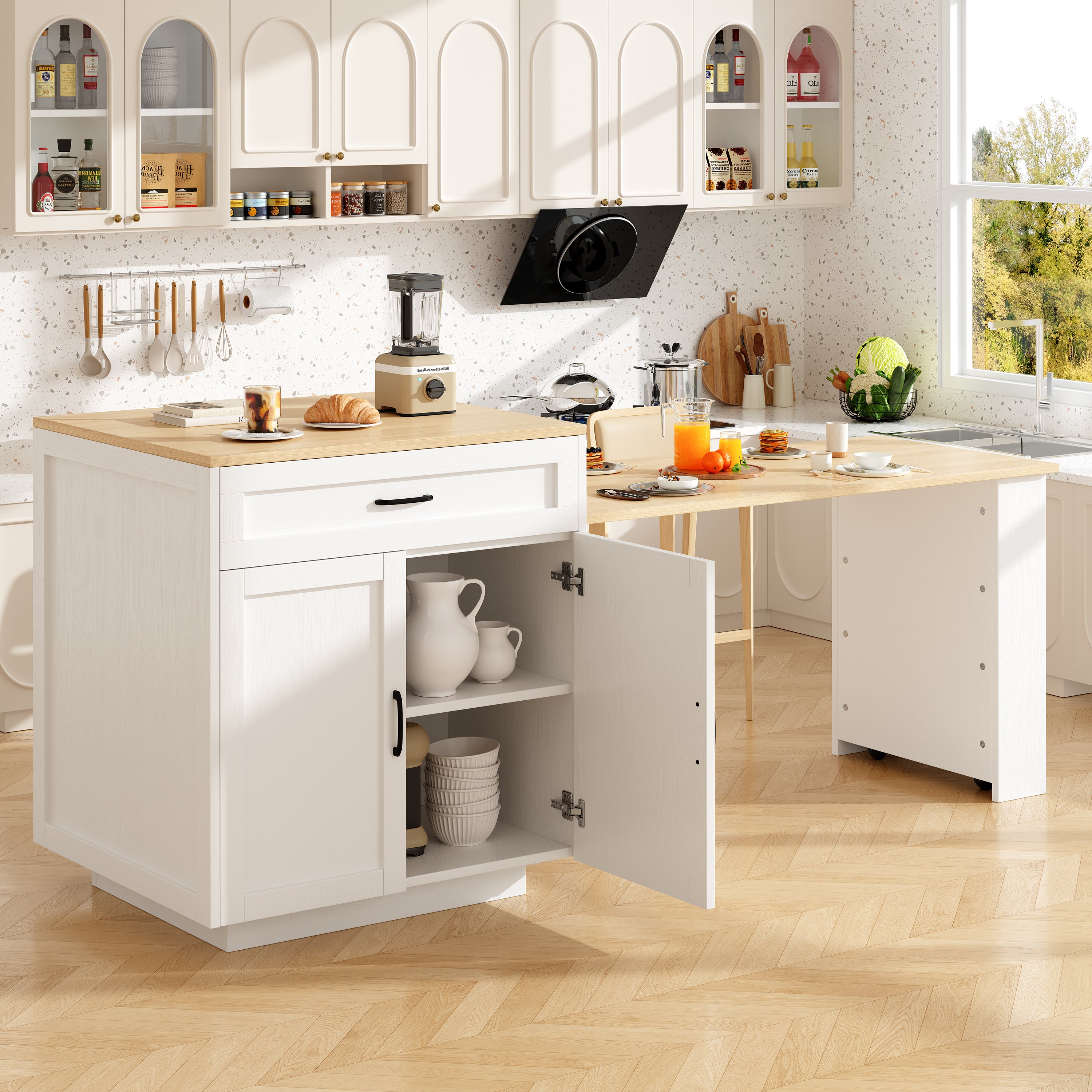 Extendable Bar Table with Storage (133–202 × 70 × 93.5 cm), with 2 Drawers and 2 Compartments, Expandable Kitchen Island Table for 2–6 People, Kitchen Dining Cart with Side Shelves, White.