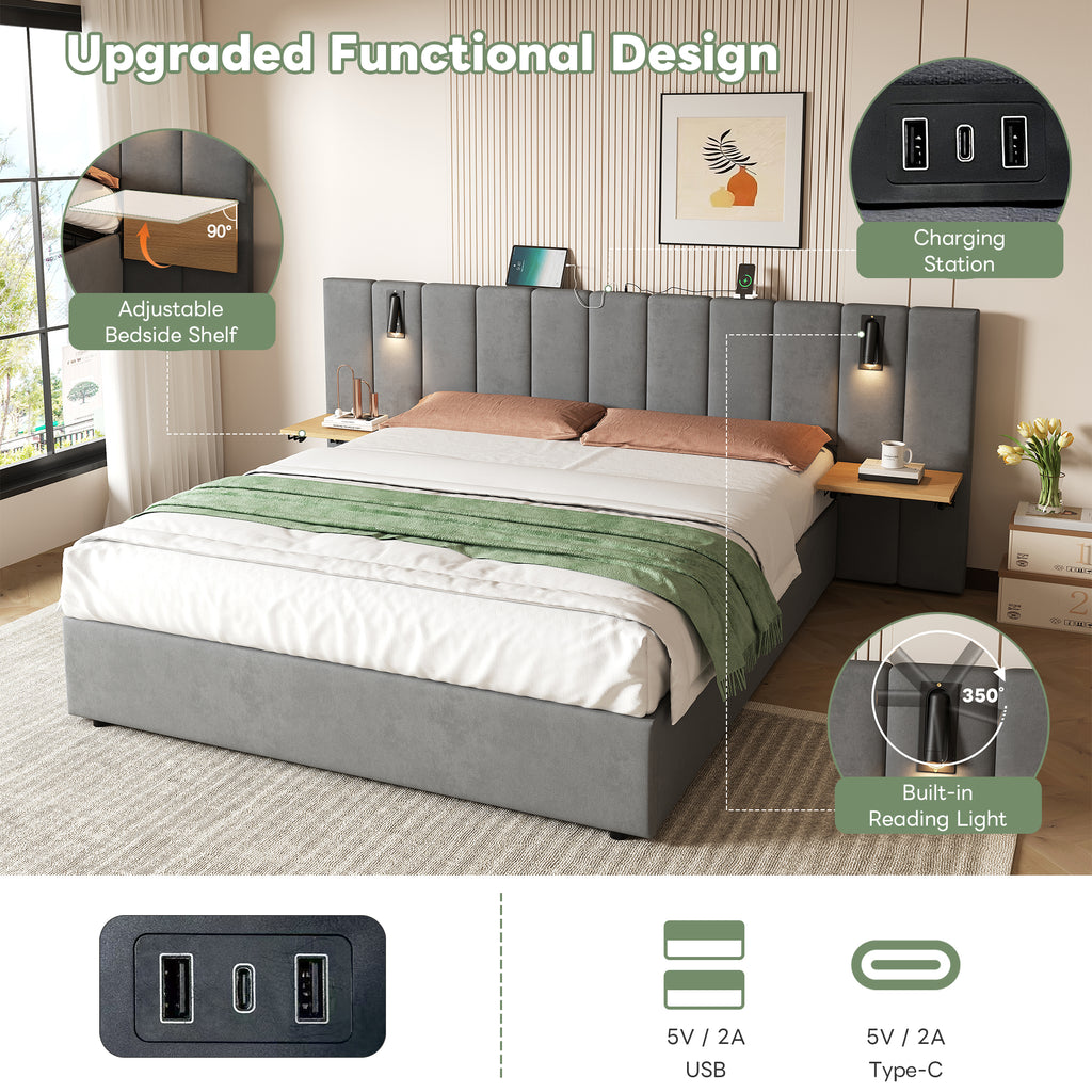 King Upholstered Bed with Charging Station, Velvet Hydraulic Storage Bed with Reading Light, 5ft King Bed Frame with Channel Tufted Headboard and Adjustable Bedside Shelf, Grey (No Mattress)