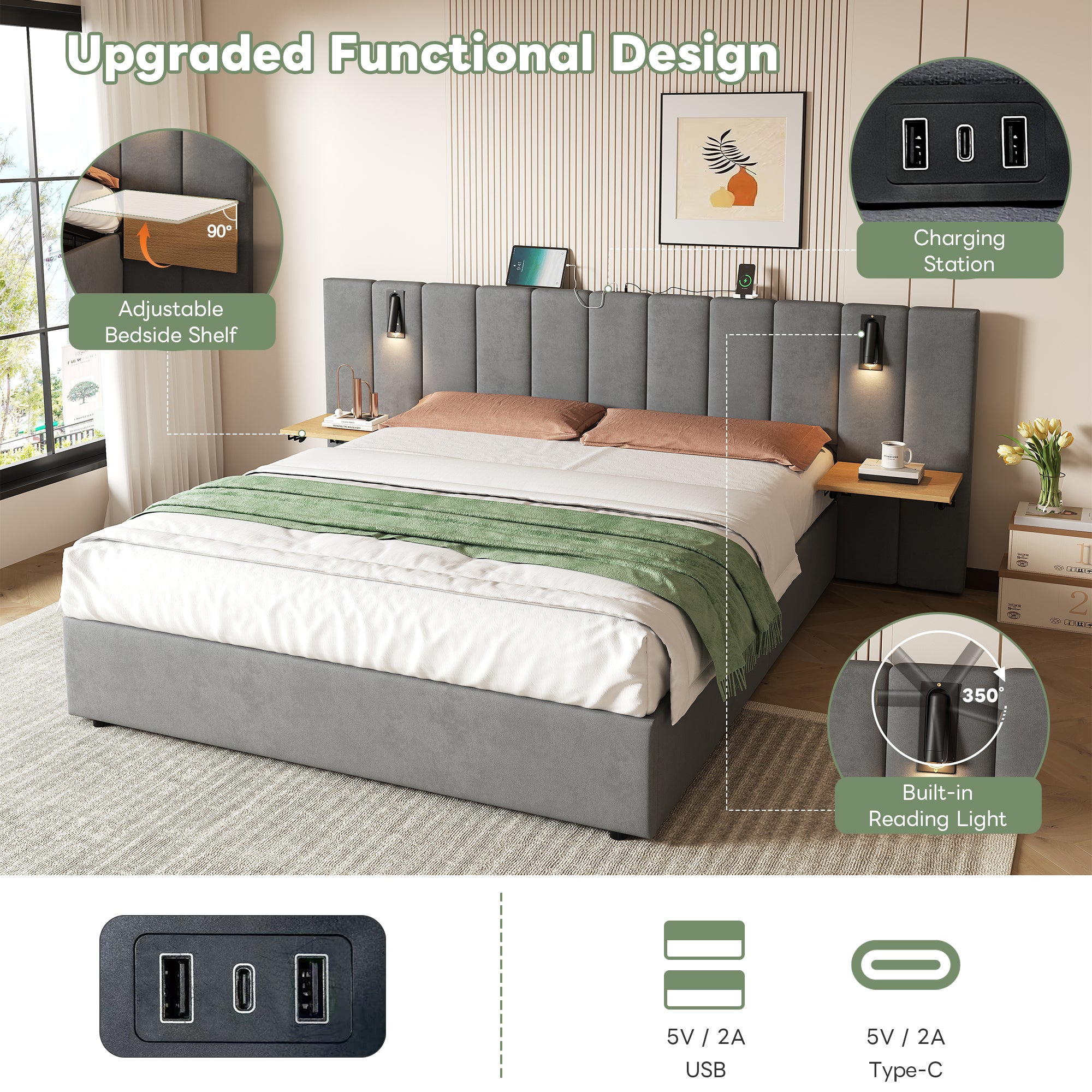 King Upholstered Bed with Charging Station, Velvet Hydraulic Storage Bed with Reading Light, 5ft King Bed Frame with Channel Tufted Headboard and Adjustable Bedside Shelf, Grey (No Mattress)