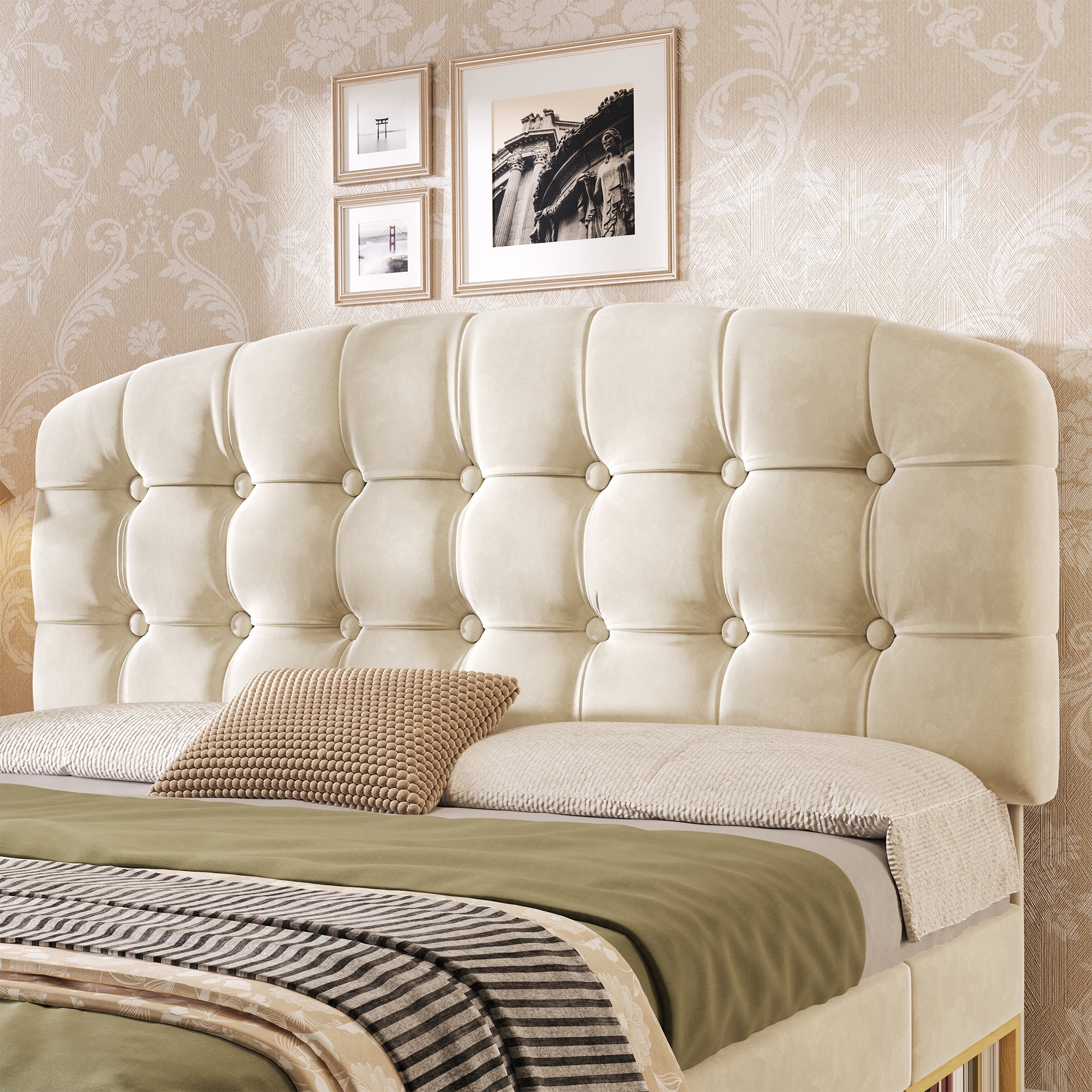 Upholstered King Bed with Storage Compartments and Drawers, 5ft King Bed with Adjustable Headboard, 150 x 200 cm, Velvet, Beige (No Mattress)