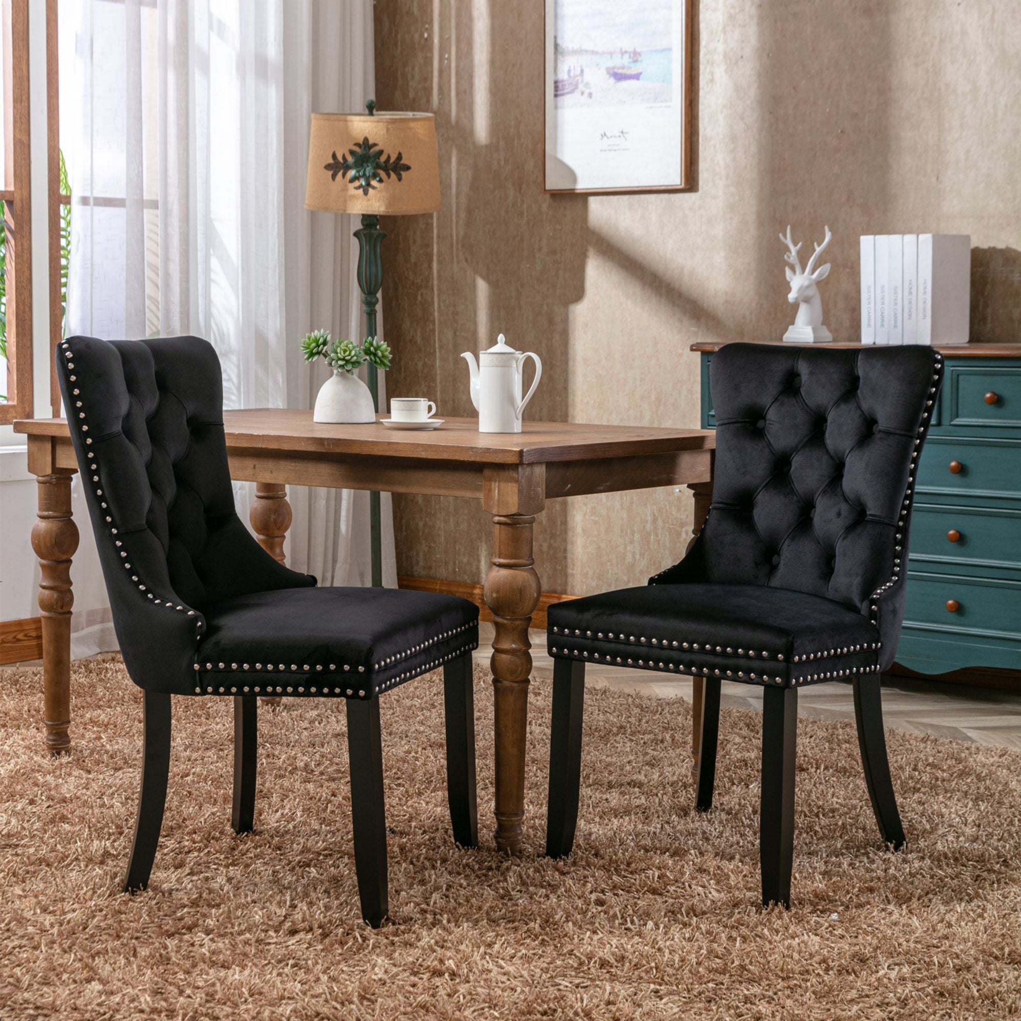 Modern Set of 6 Upholstered Velvet Dining Chairs, Button Tufted Kitchen Lounge Chairs with Solid Wood Legs, Riveted Trim and Knocker Ring, for Dining Room Living Room, Black
