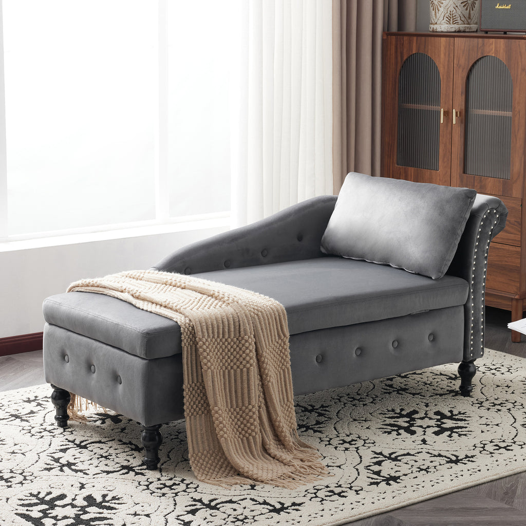 Velvet Chaise Lounge Sofa with Storage, Upholstered Chaise lounge Couch with Pillow for Living Room, Modern Nailhead-Trim & Button-tufted Lounge Chair, Bedroom and Office, Right Armrest