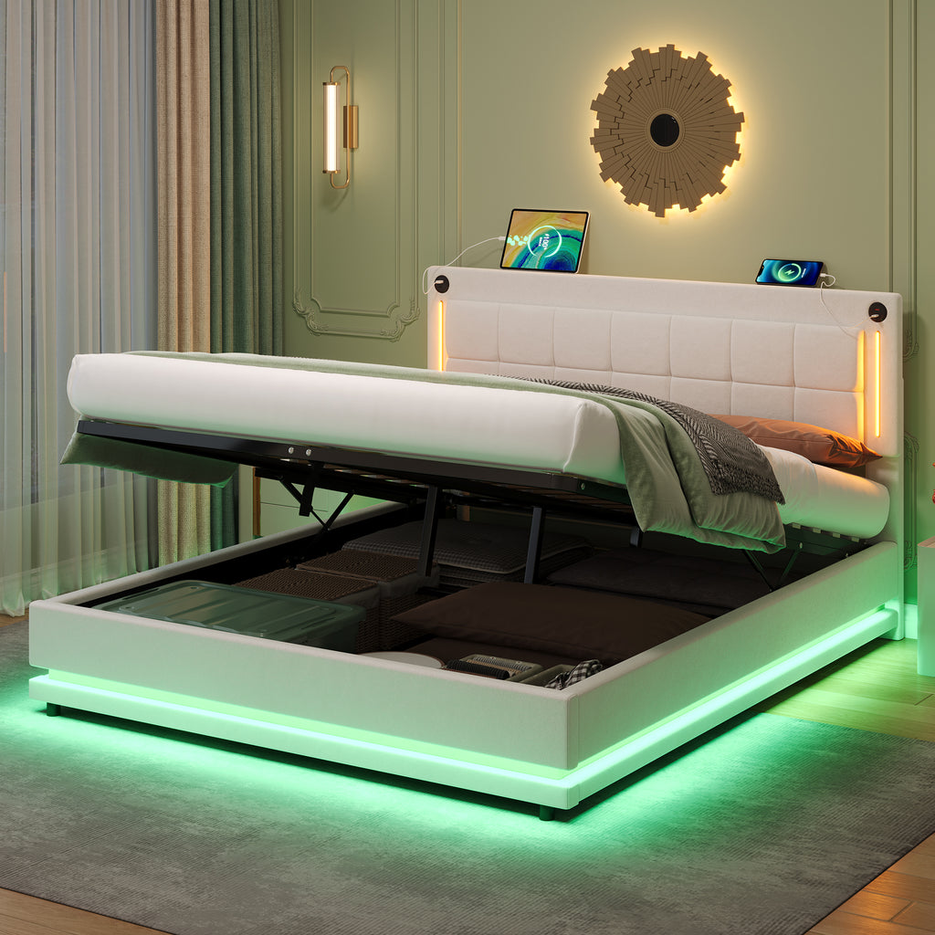 4ft6 Double LED Hydraulic Bed with Charging Station, Adjustable Square Tufted Headboard with Intelligent Control Light, Soft Velvet Bed Frame with USB and Type - C Ports, Beige (No Mattress)