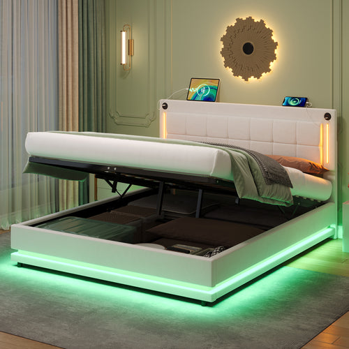 5ft King LED Hydraulic Bed with Charging Station, Adjustable Square Tufted Headboard with Intelligent Control Light, Soft Velvet Bed Frame with USB and Type - C Ports, Beige (No Mattress)