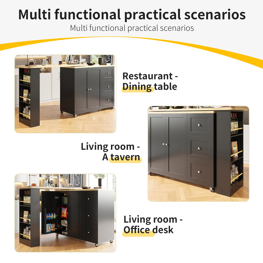 360° swivelling dining table (138-209 x 39 x 106 cm) on castors, bar table, black, with three drawers and snack rack, multifunctional storage island, suitable for kitchen and living room.