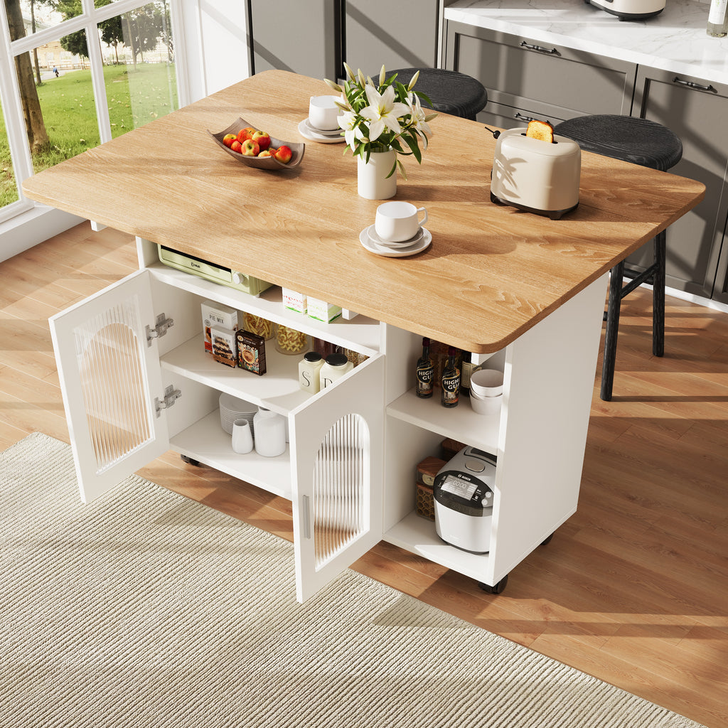 Kitchen island, kitchen cabinet, removable serving trolley, buffet cabinet, dining trolley with wood grain, buffet cabinet, multifunctional dining table with storage space, White