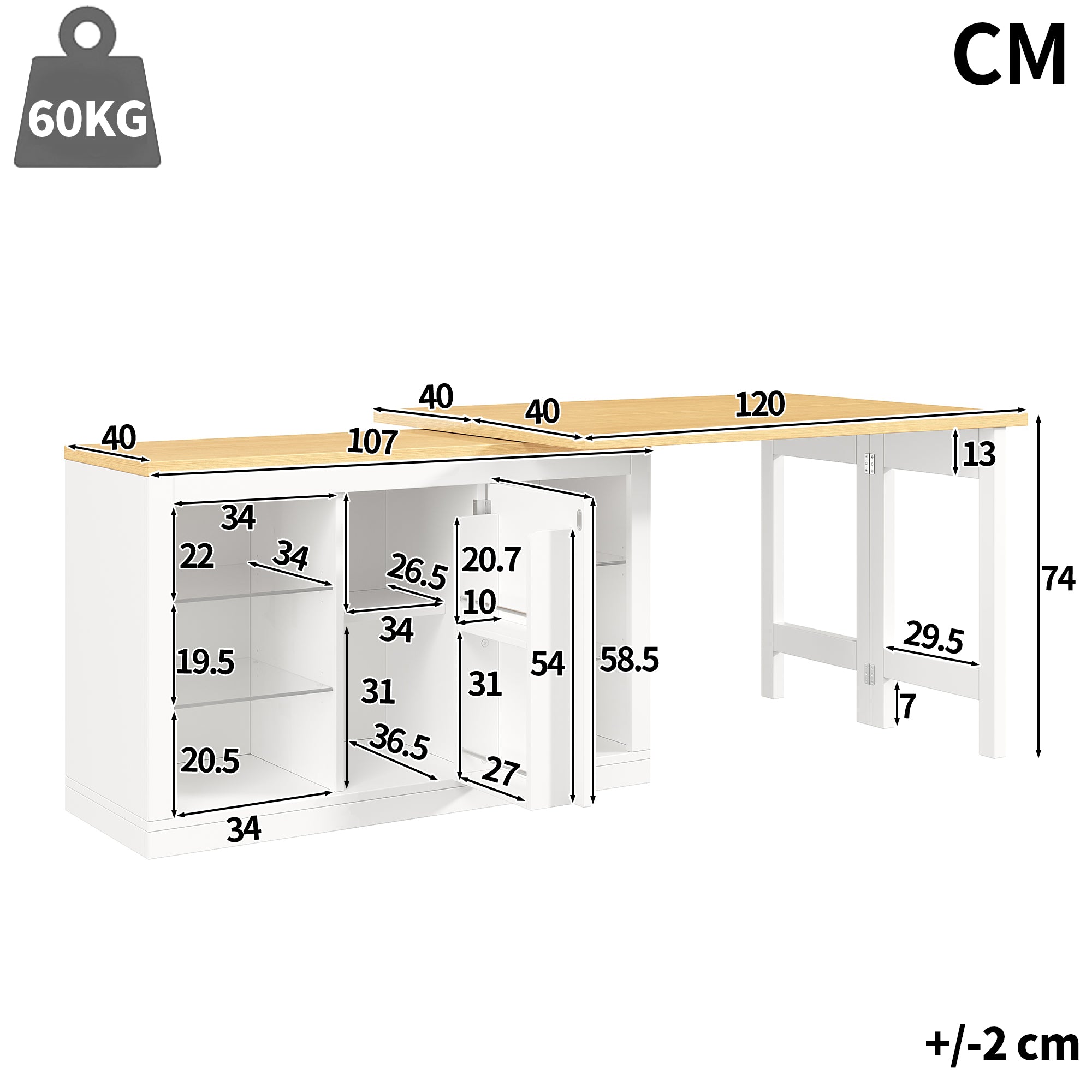 Extendable Sideboard with LED Lights, 120-197 cm Adjustable Dining Table with Storage, Kitchen cabinet with glass shelves & snack rack, White/Black