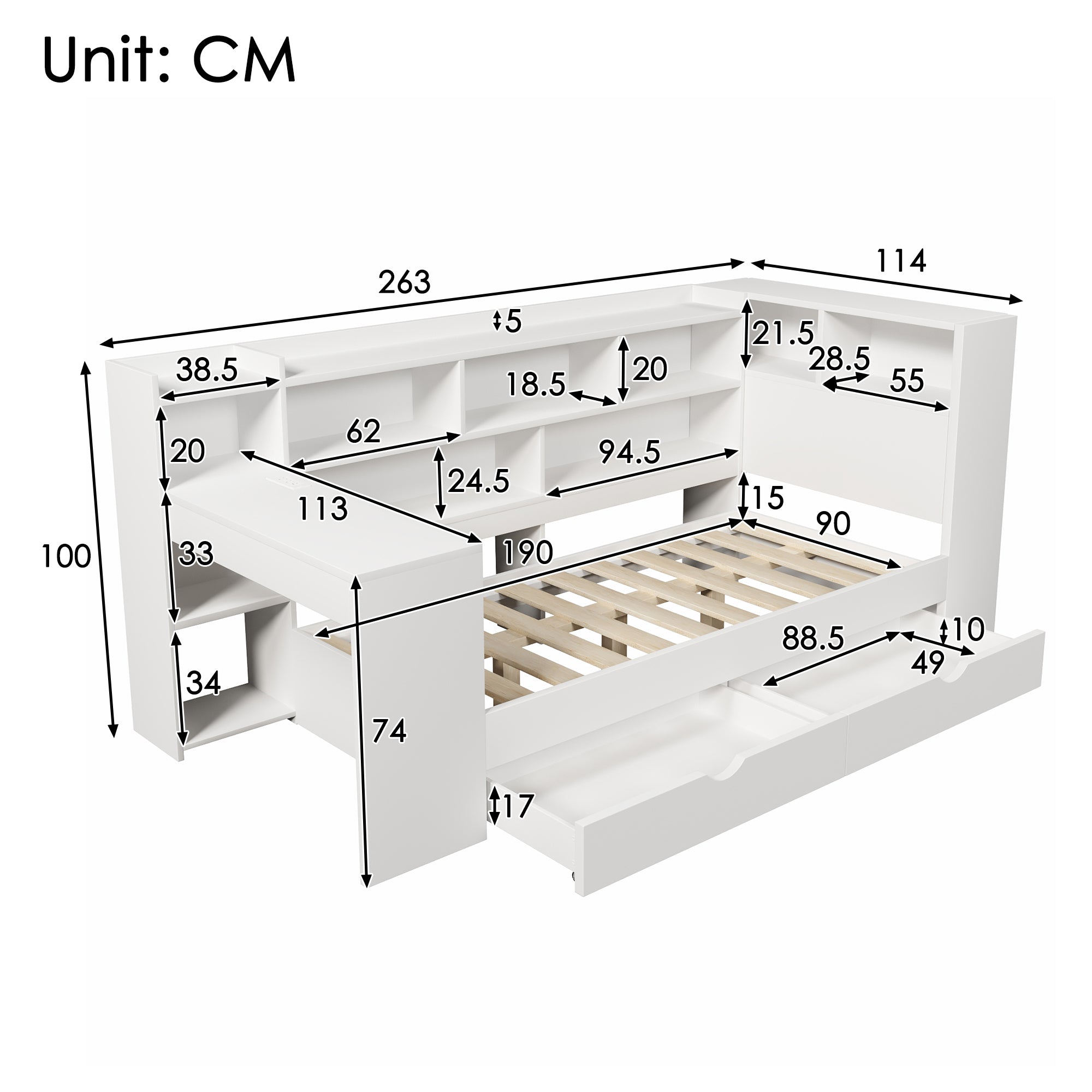 Single Daybed with Bookcase & Computer Desk, 3FT Sofa Bed with Storage, Drawers & USB Type-C Port, 90 x 190 cm Multi-functional Wooden Bed Frame for Living Room/ Bedroom, White (No Mattress)