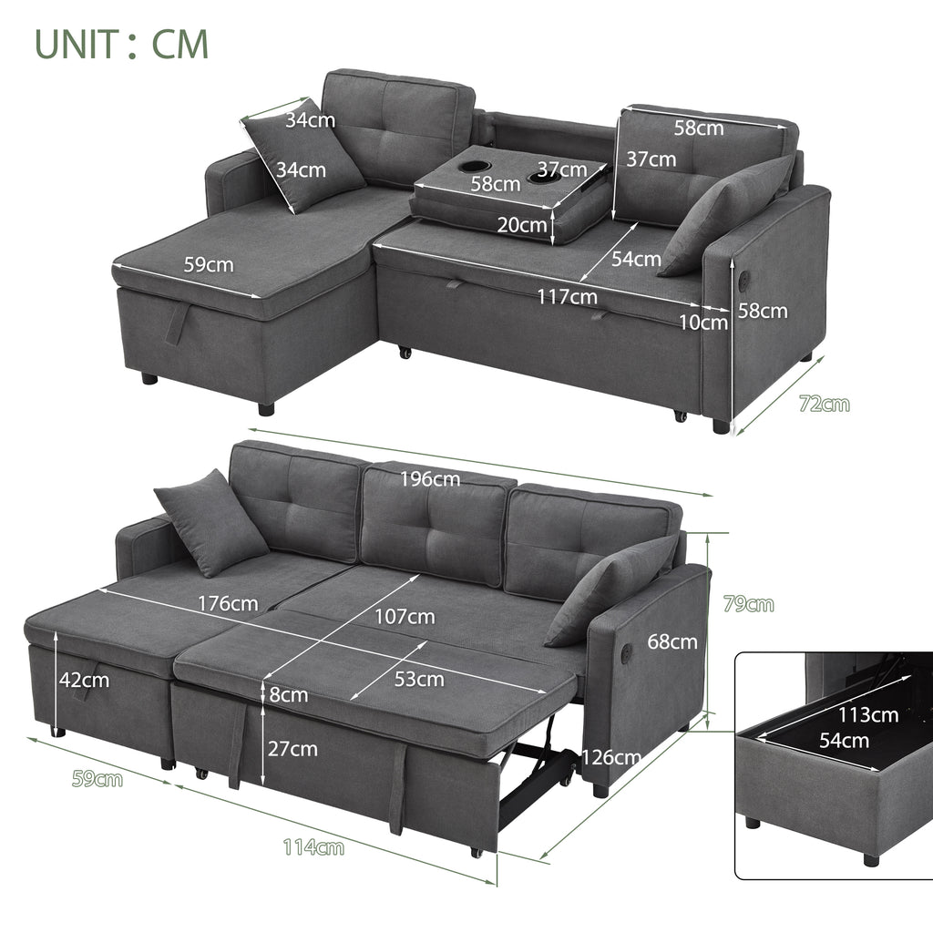 L-Shaped Pull Out Sleep Sofabed, Modern Reversible Sleeper Sectional Sofa, 3 in 1 Convertible Sofa Bed with Storage Chaise, Drop-Down Table, Cup Holders and Charging Ports (USB & Type-C), Grey