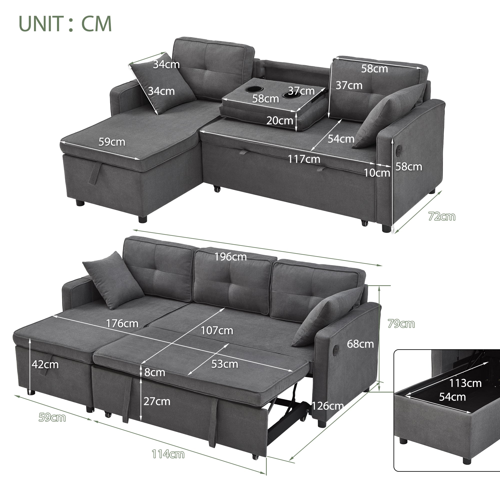 L-Shaped Pull Out Sleep Sofabed, Modern Reversible Sleeper Sectional Sofa, 3 in 1 Convertible Sofa Bed with Storage Chaise, Drop-Down Table, Cup Holders and Charging Ports (USB & Type-C), Grey