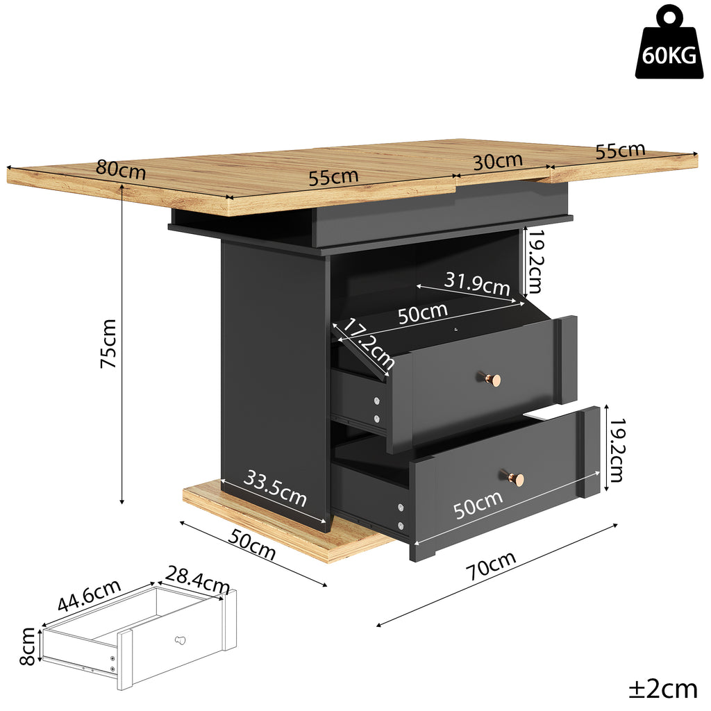 Telescopic dining table (110-140×80 cm), foldable kitchen table for 4-6 people, extendable dining table, space-saving kitchen table, for kitchen and living room, minimalist cabinet door design, black