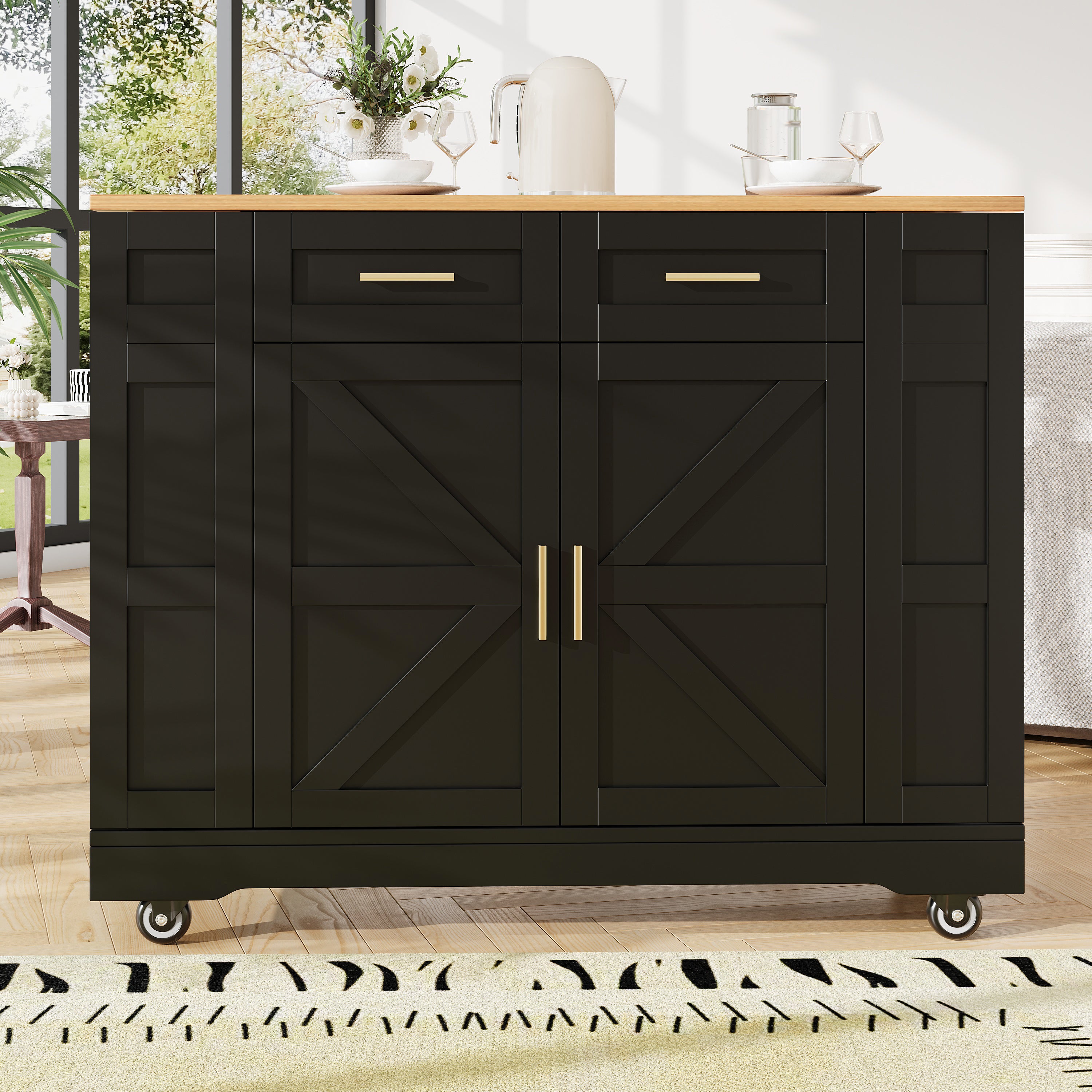 Kitchen Island on Wheels, Rolling Island Cart with 2 Drawers and Double-Sided Storage Racks, Storage Cabinet with Foldable Worktop, Mobile Carts, Portable Trolley for Home and Kitchen, Black